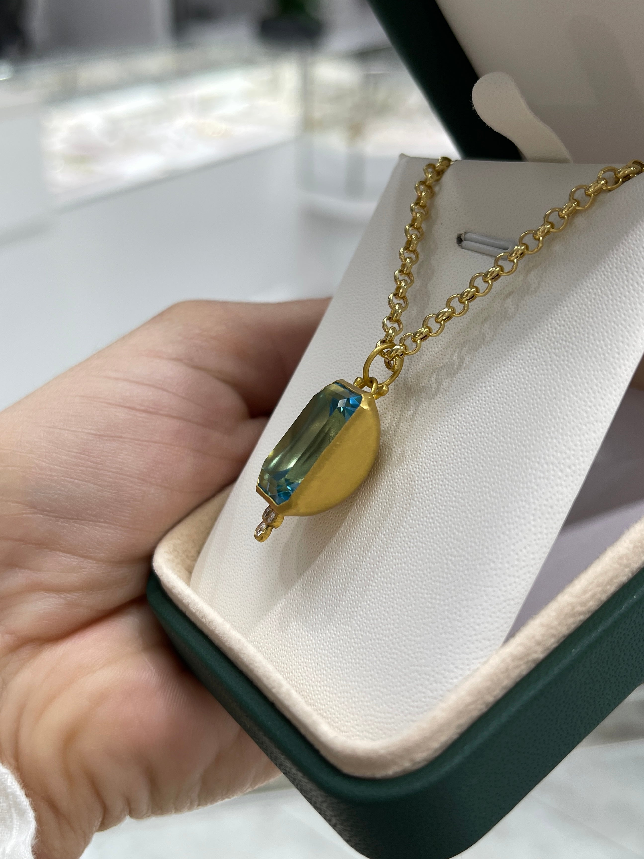 28.79TCW 24K Pure Gold Blue Topaz & Diamond Bezel Pendant - JR Colombian Emeralds