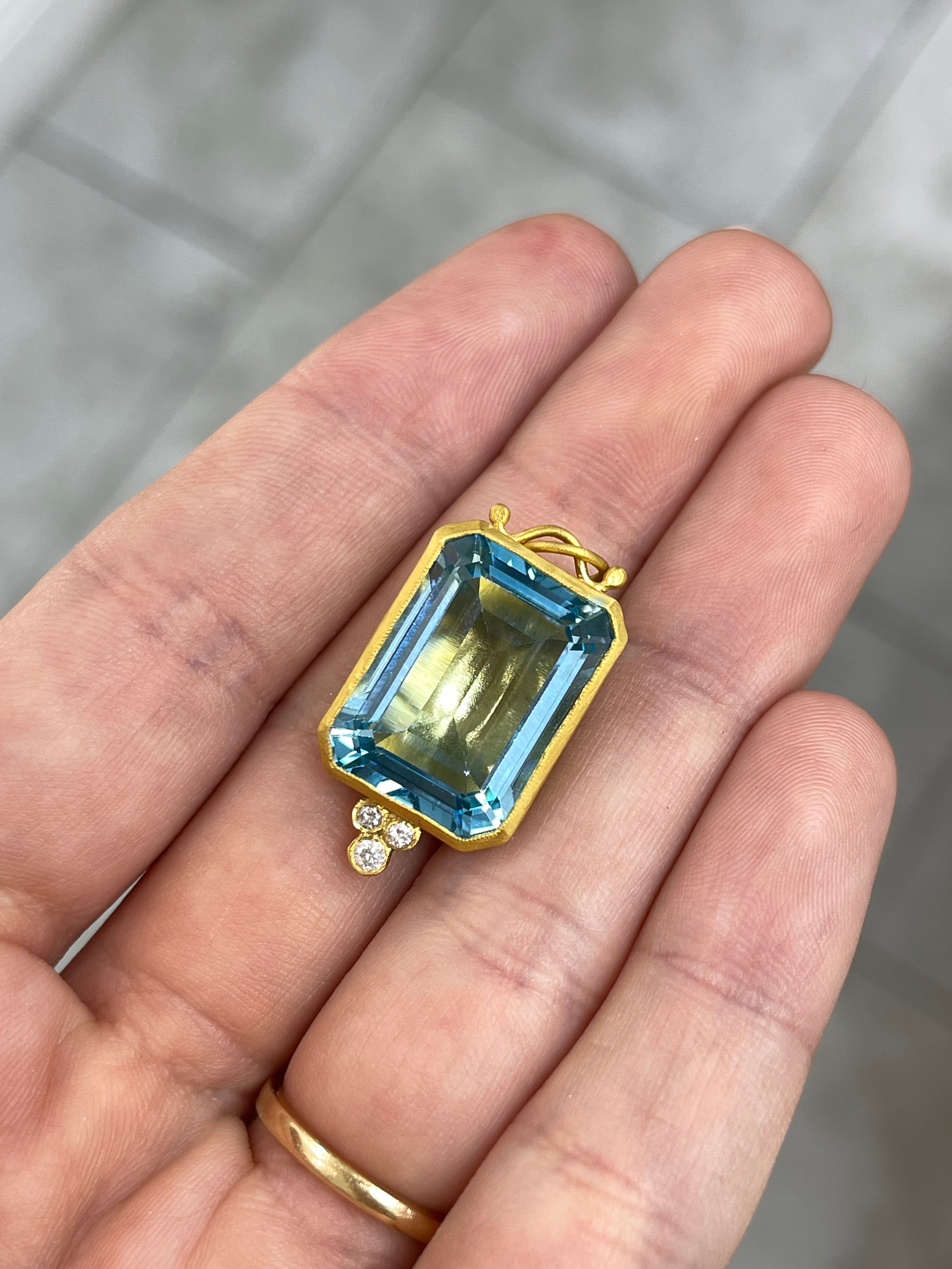 28.79TCW 24K Pure Gold Blue Topaz & Diamond Bezel Pendant - JR Colombian Emeralds