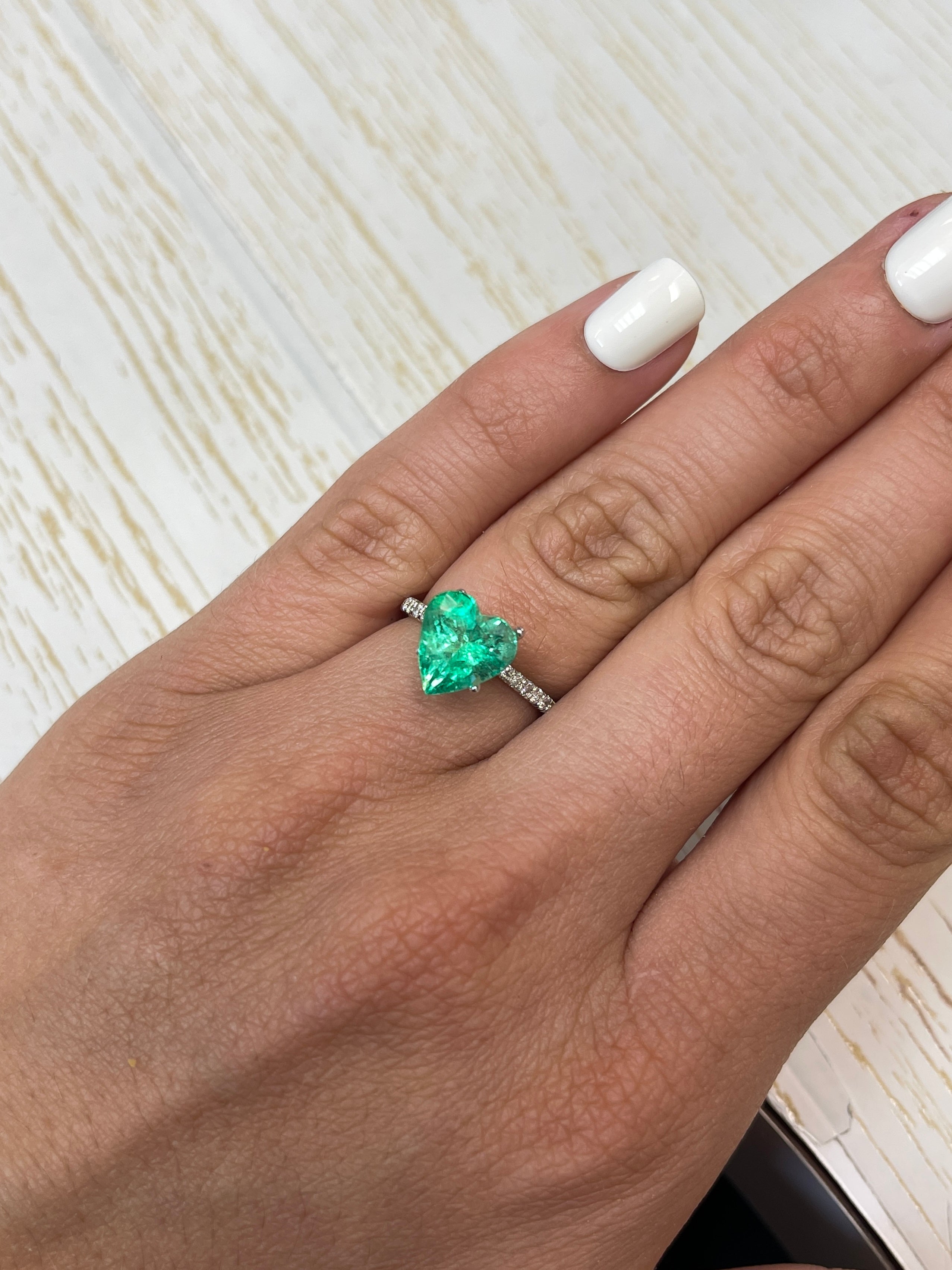 Yellowish green 3.10 carat natural Colombian emerald in heart cut, loose gemstone from JR Colombian Emeralds.