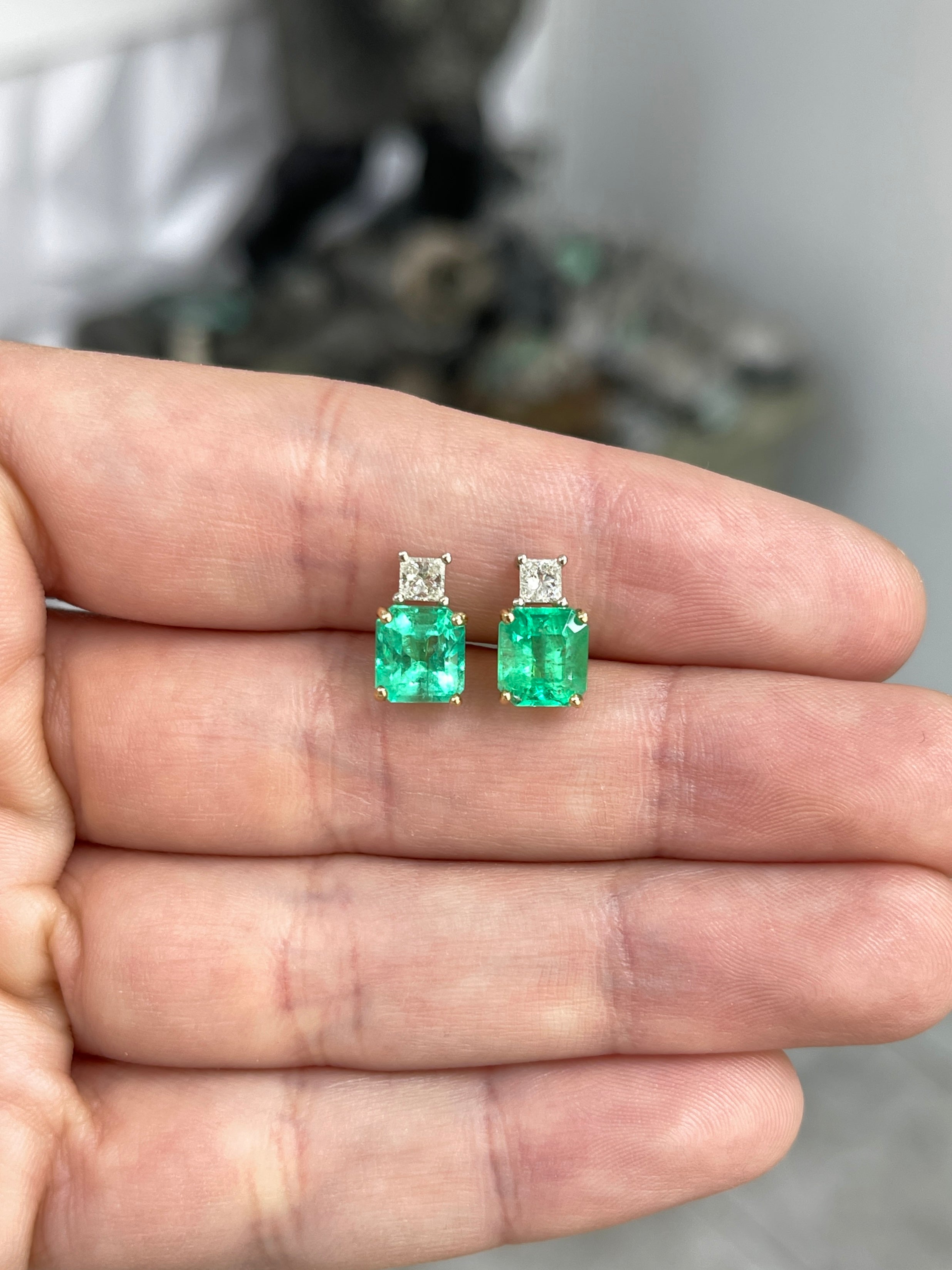 Colombian Emerald and princess cut diamond earrings in 18K two-toned gold with 3.10tcw gemstones, designed by JR Colombian Emeralds.