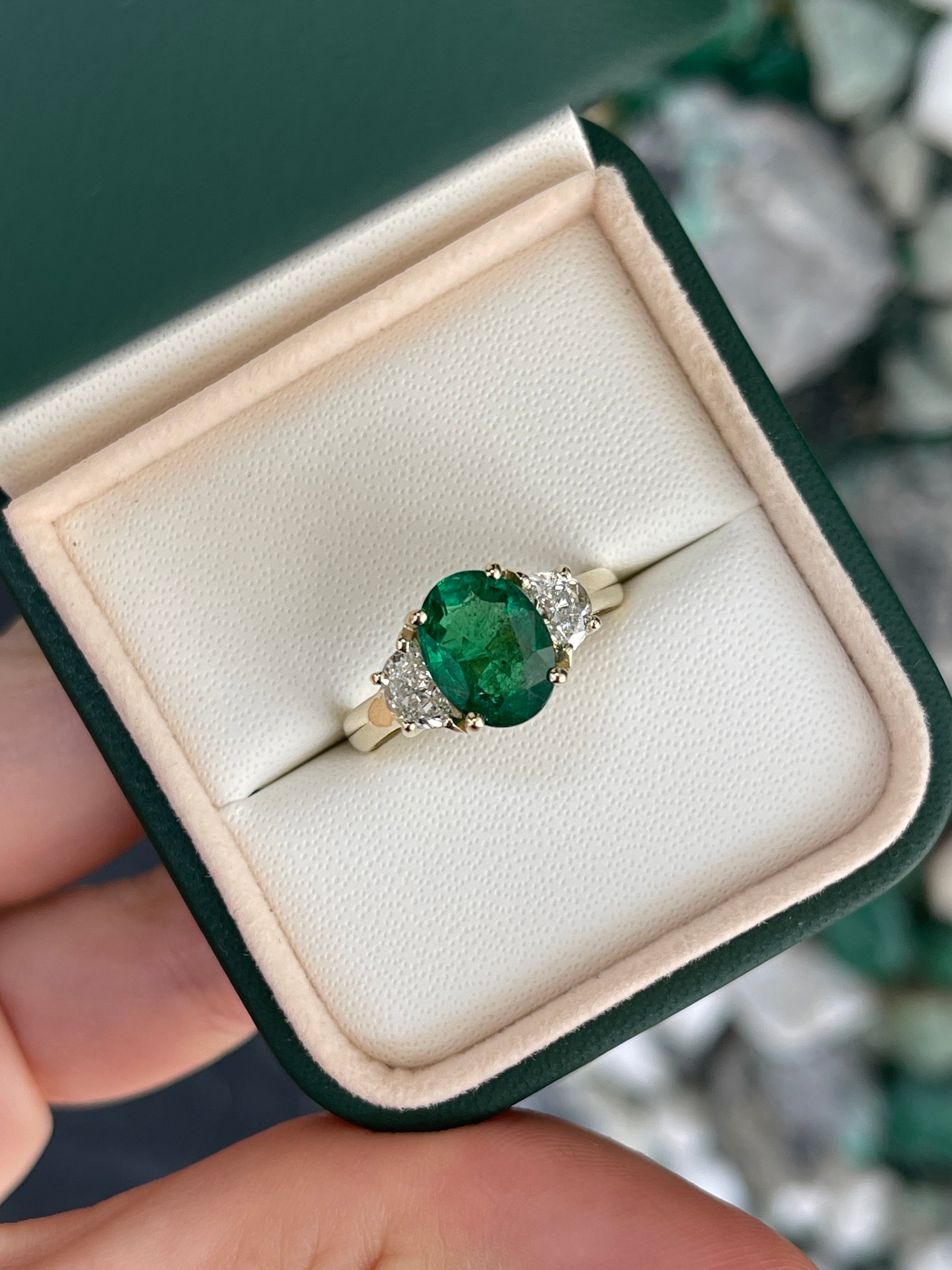 Oval emerald and half moon lab diamond three-stone ring in 14K gold, featuring 3.10 tcw from JR Colombian Emeralds.