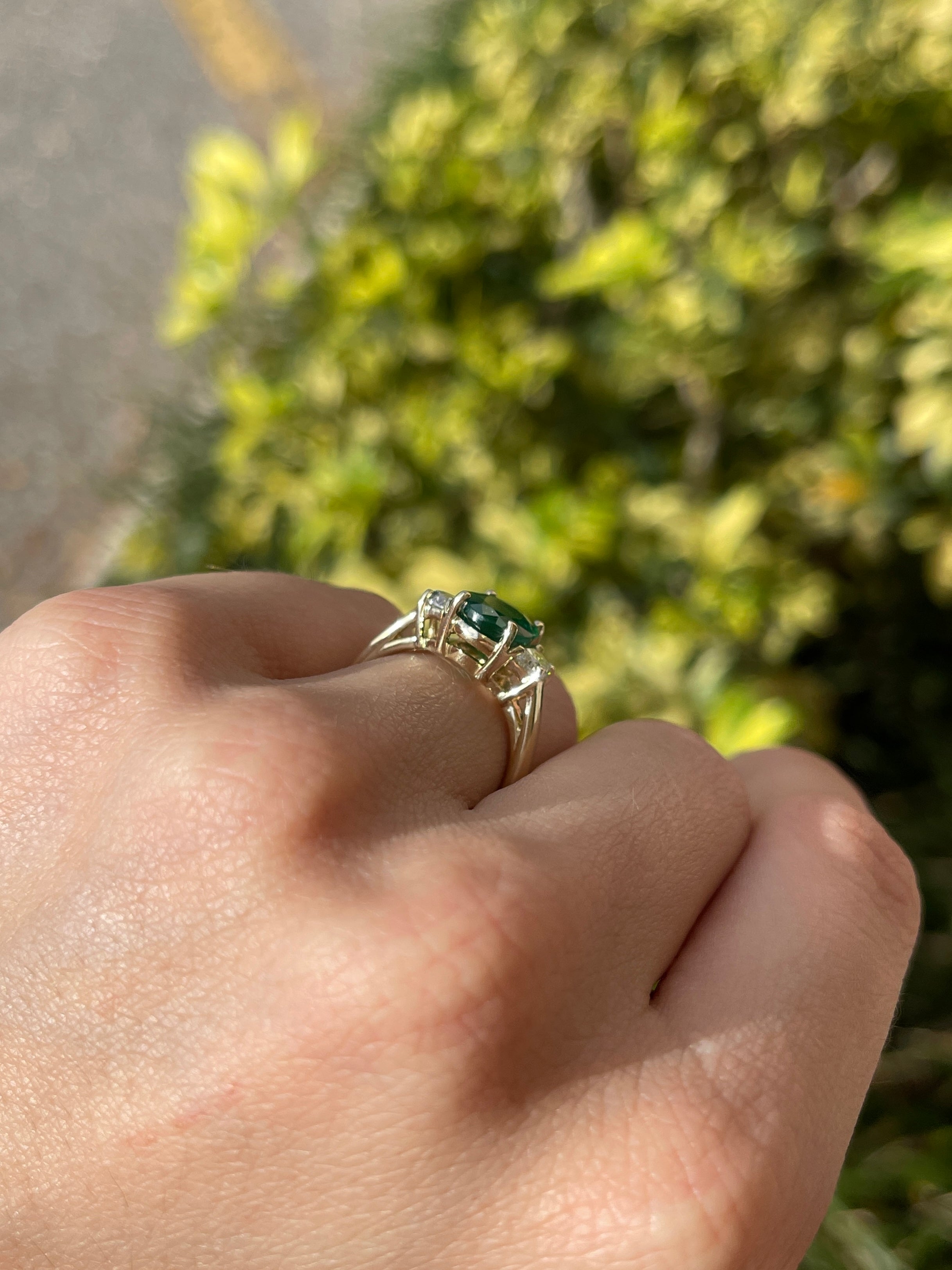 3.10tcw Natural Oval Emerald & Half Moon Lab Diamond 14K Gold Three Stone Ring - JR Colombian Emeralds