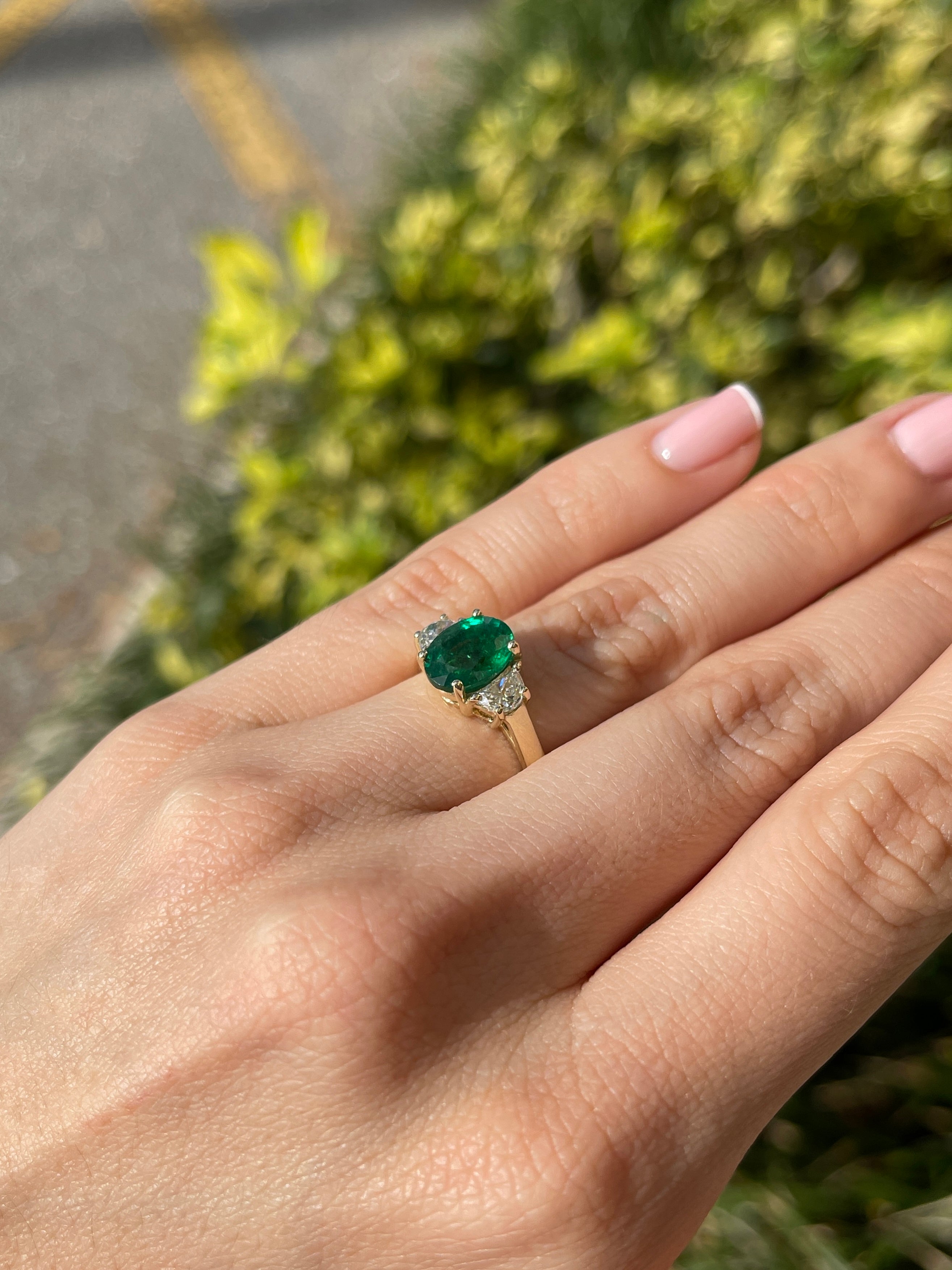 3.10tcw Natural Oval Emerald & Half Moon Lab Diamond 14K Gold Three Stone Ring - JR Colombian Emeralds