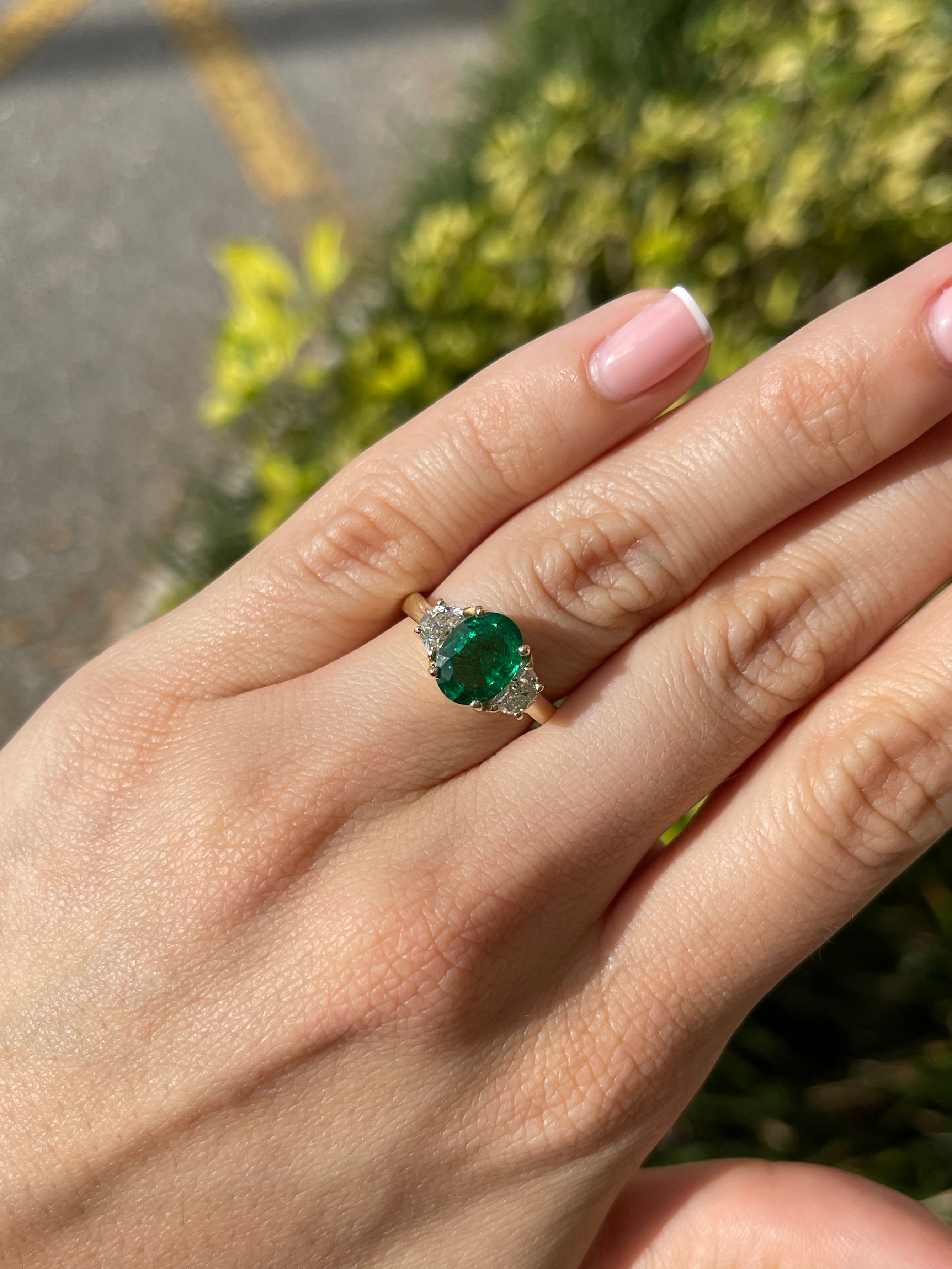 14K gold three stone ring featuring oval emerald and half moon lab diamond accents, 3.10tcw jewelry by JR Colombian Emeralds