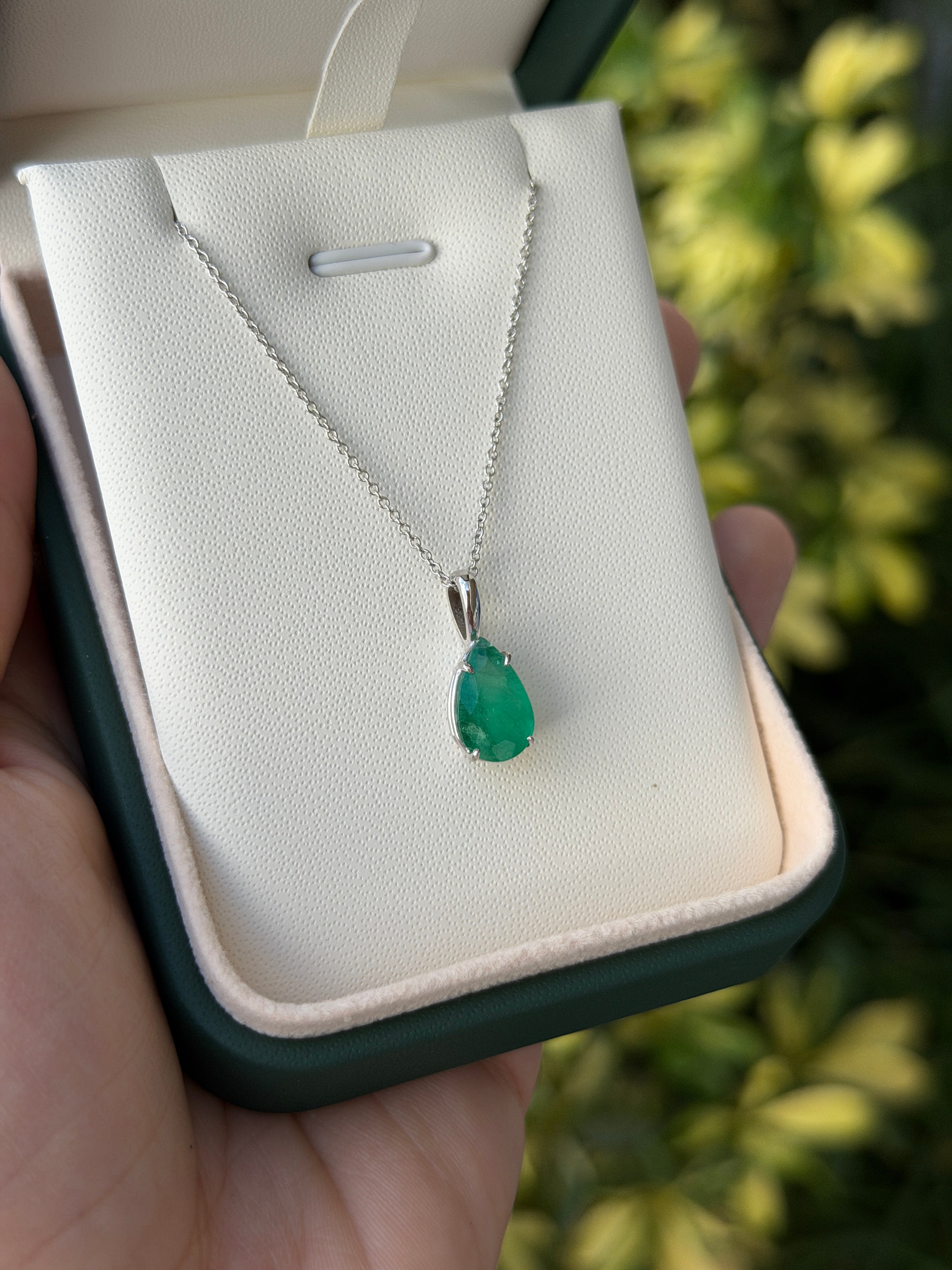 Natural pear-shaped emerald solitaire necklace in 14K white gold featuring a 3.15-carat emerald, by JR Colombian Emeralds.