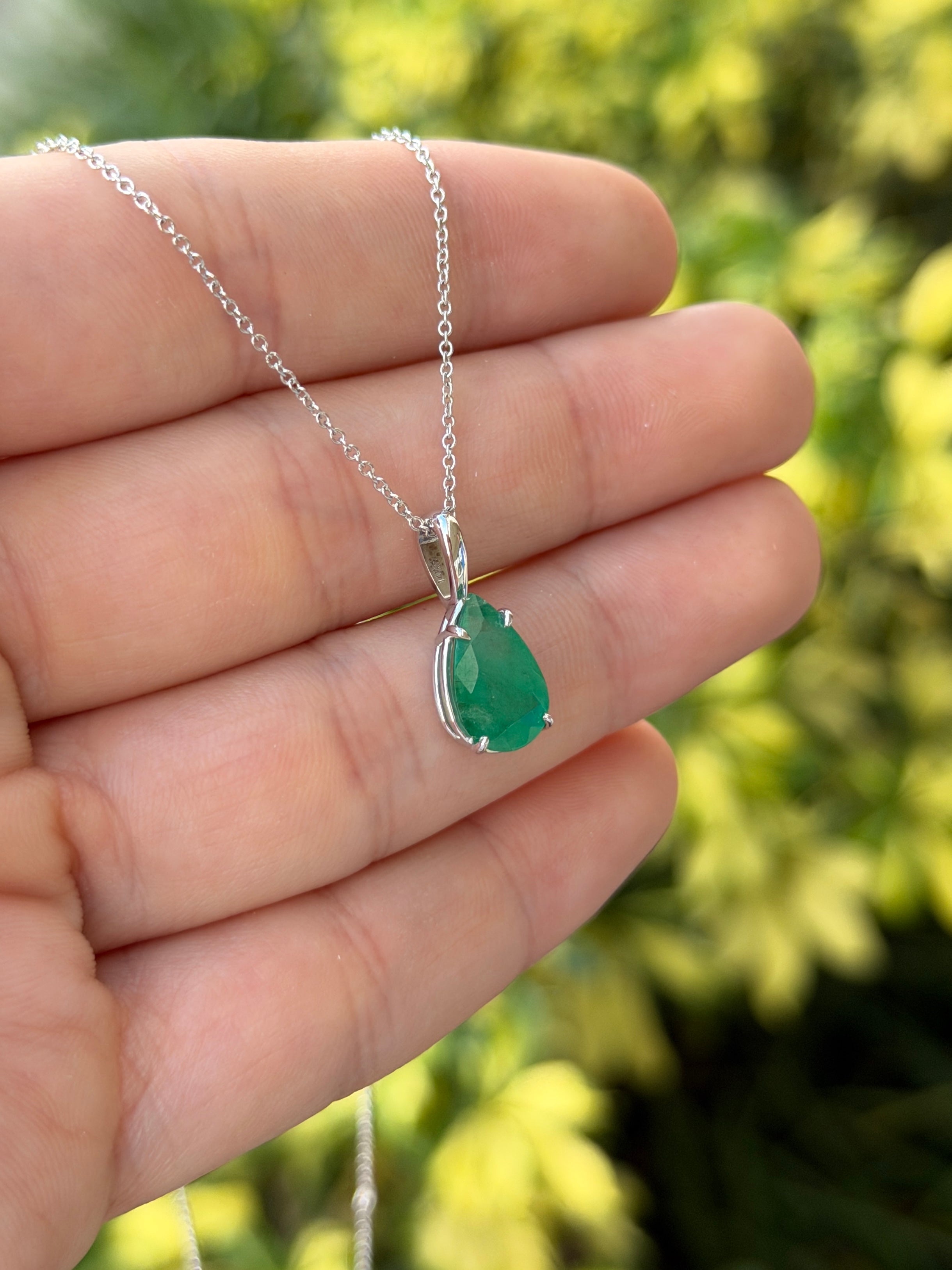 Natural pear-shaped emerald solitaire necklace in 14K white gold, featuring a 3.15 carat emerald from JR Colombian Emeralds.