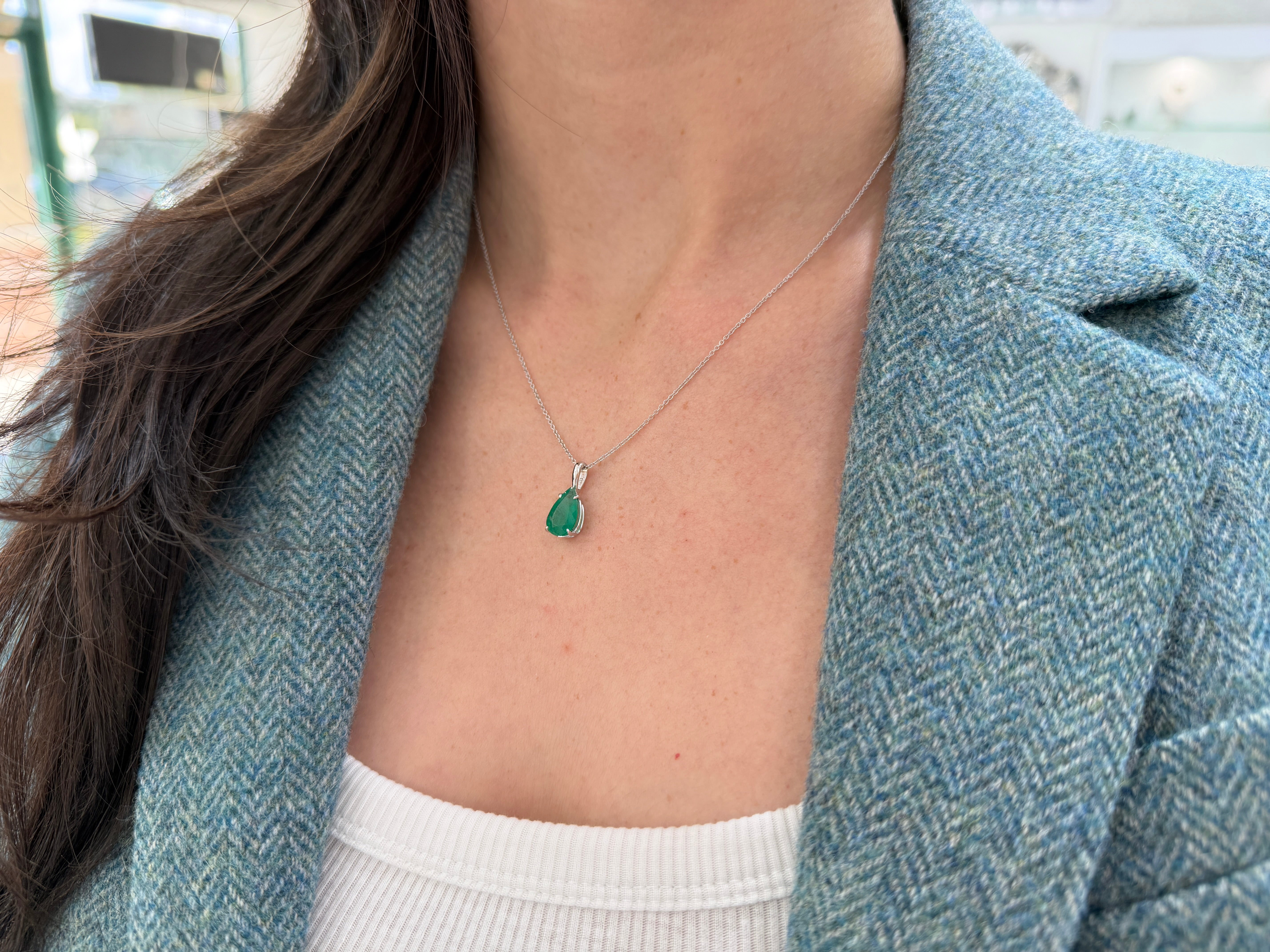 Natural pear-shaped emerald solitaire necklace in 14K white gold with a 3.15 carat emerald, designed by JR Colombian Emeralds.