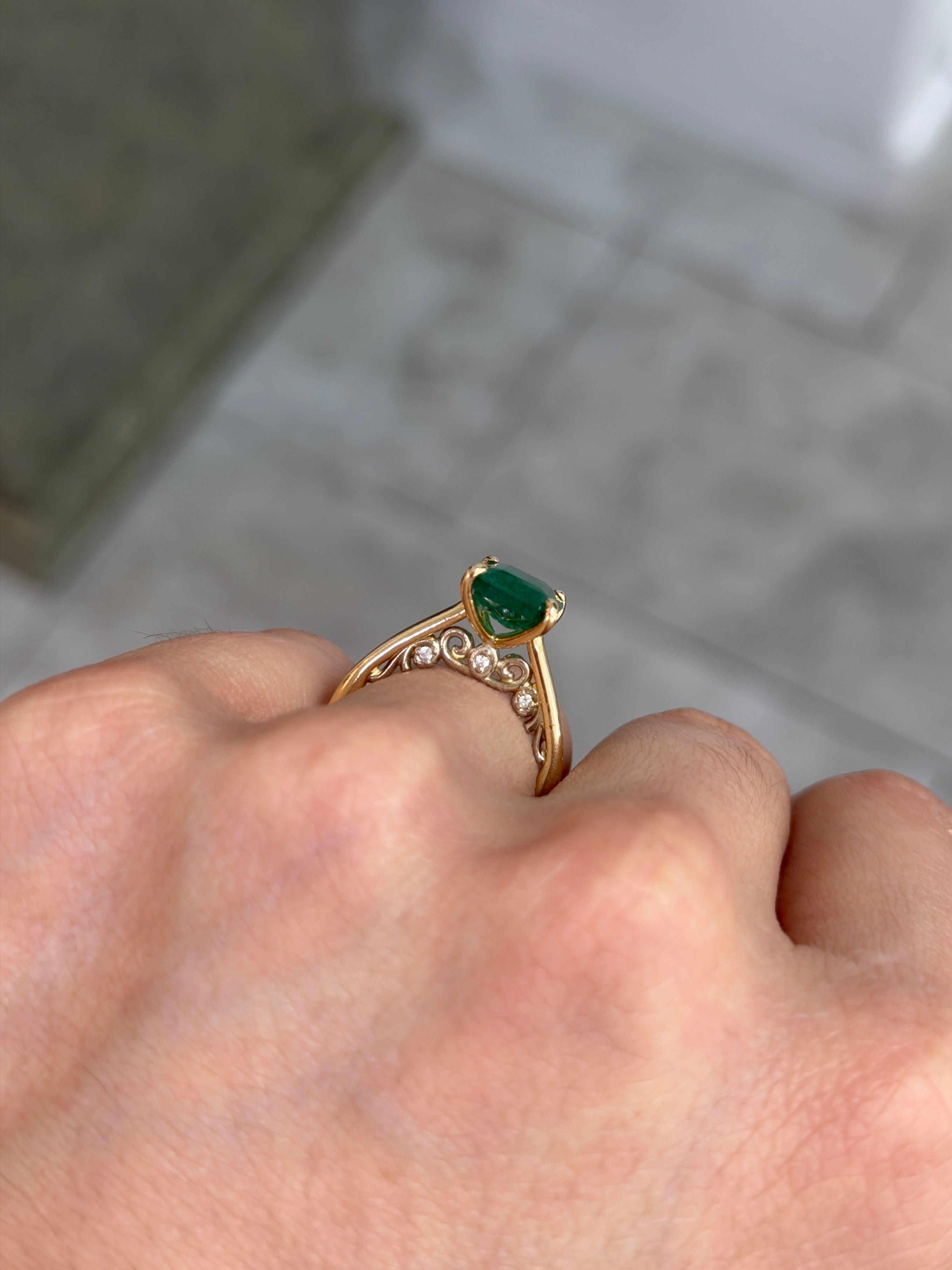 14K gold emerald cut emerald engagement ring with hidden diamonds, featuring 3.20 carats, by JR Colombian Emeralds.
