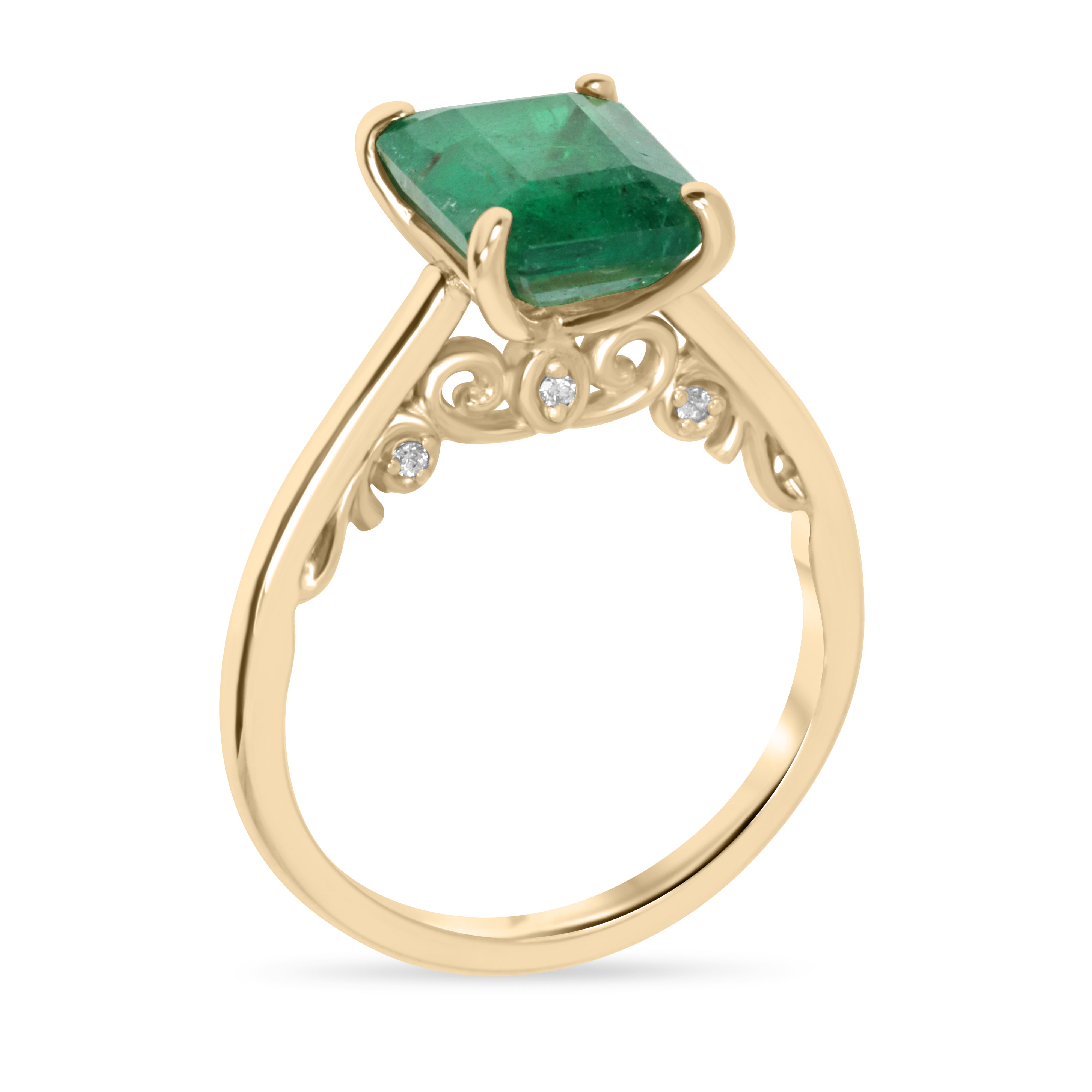 14K gold engagement ring featuring a 3.20tcw emerald cut emerald with hidden diamonds, from JR Colombian Emeralds.