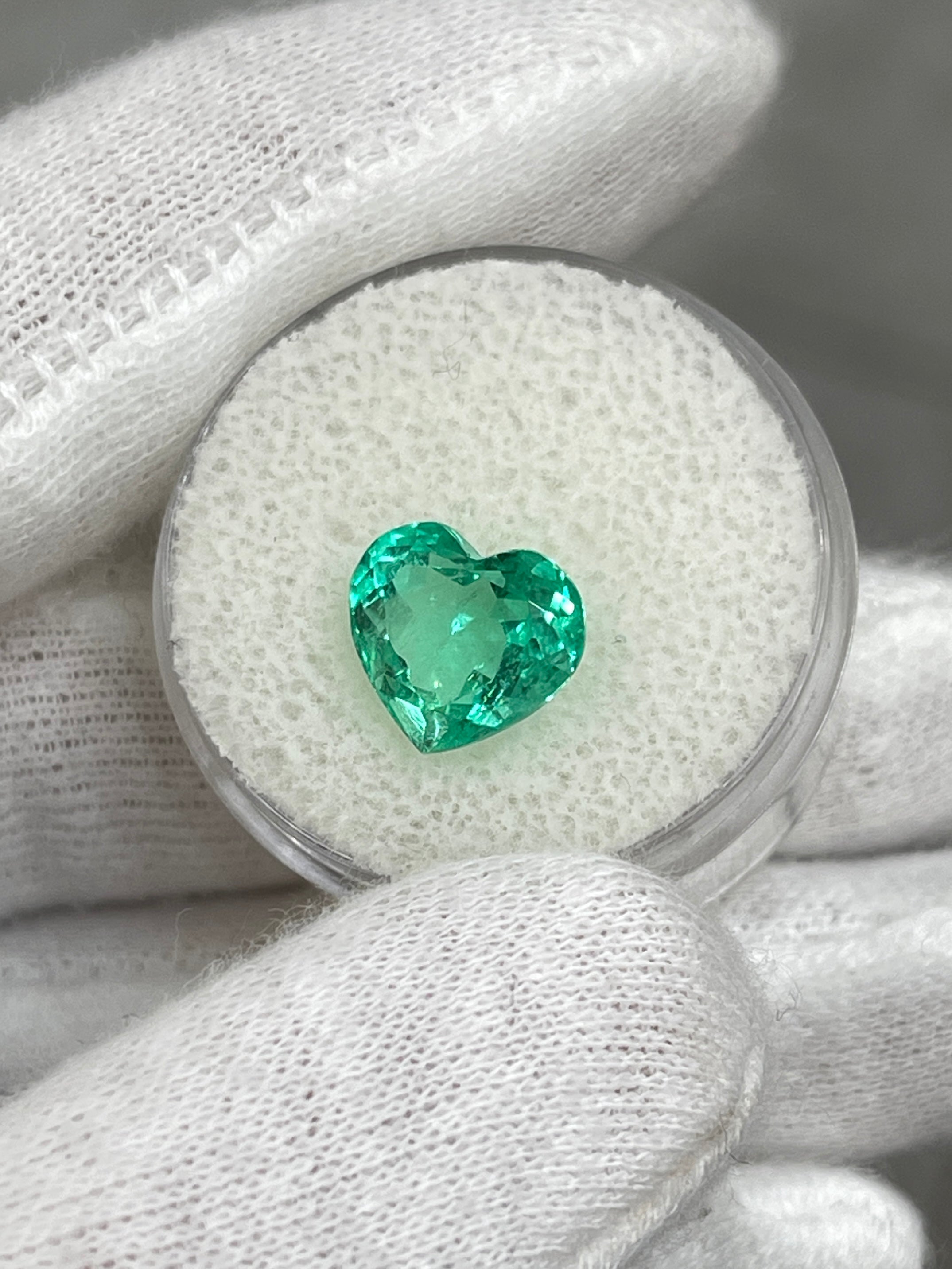 Bright medium green 3.24 carat Colombian emerald heart cut, authentic gemstone from JR Colombian Emeralds.
