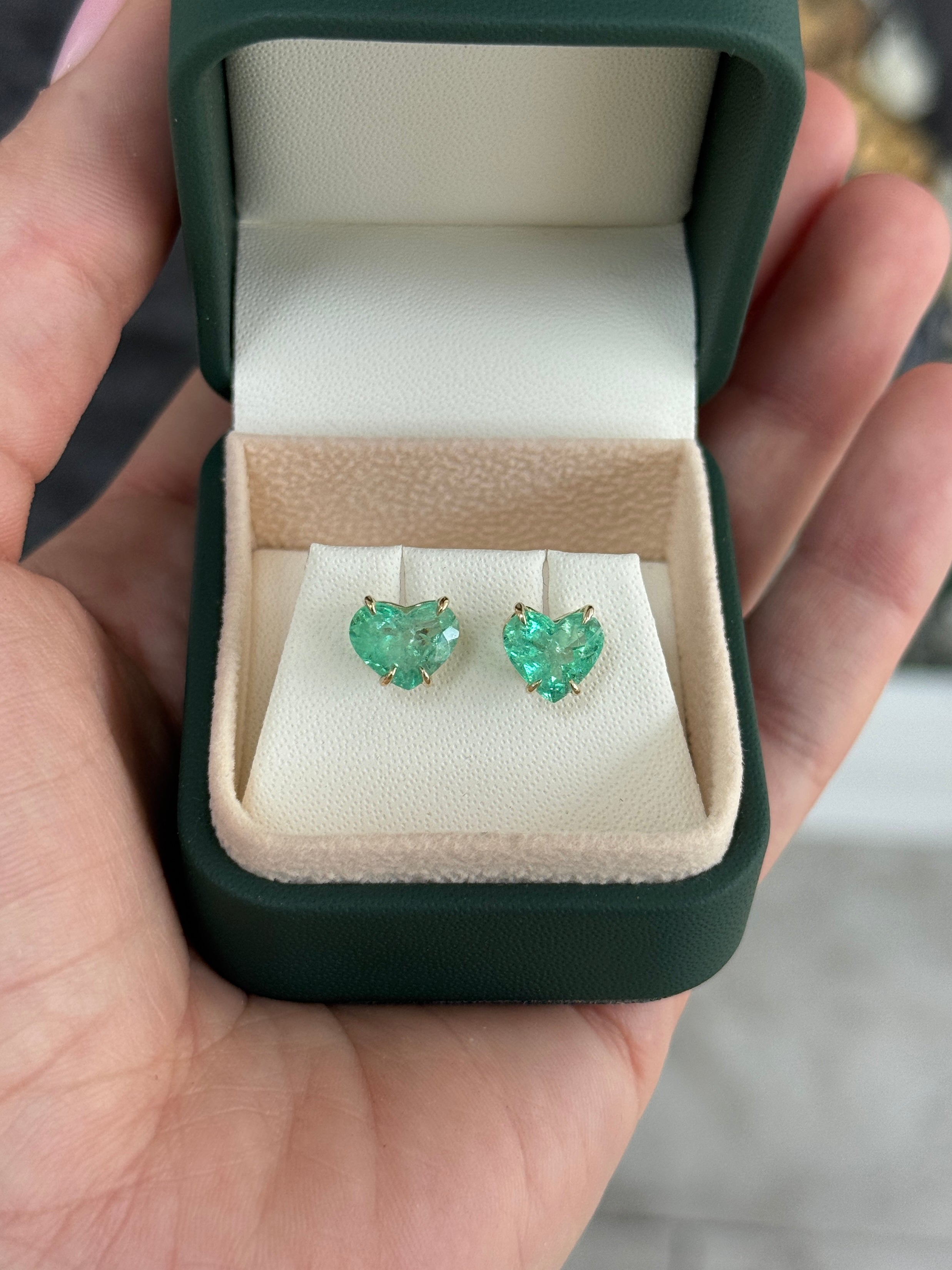 3.24tcw Matching Pair Green Natural Colombian Emerald Hearts Stud Earrings 14K - JR Colombian Emeralds