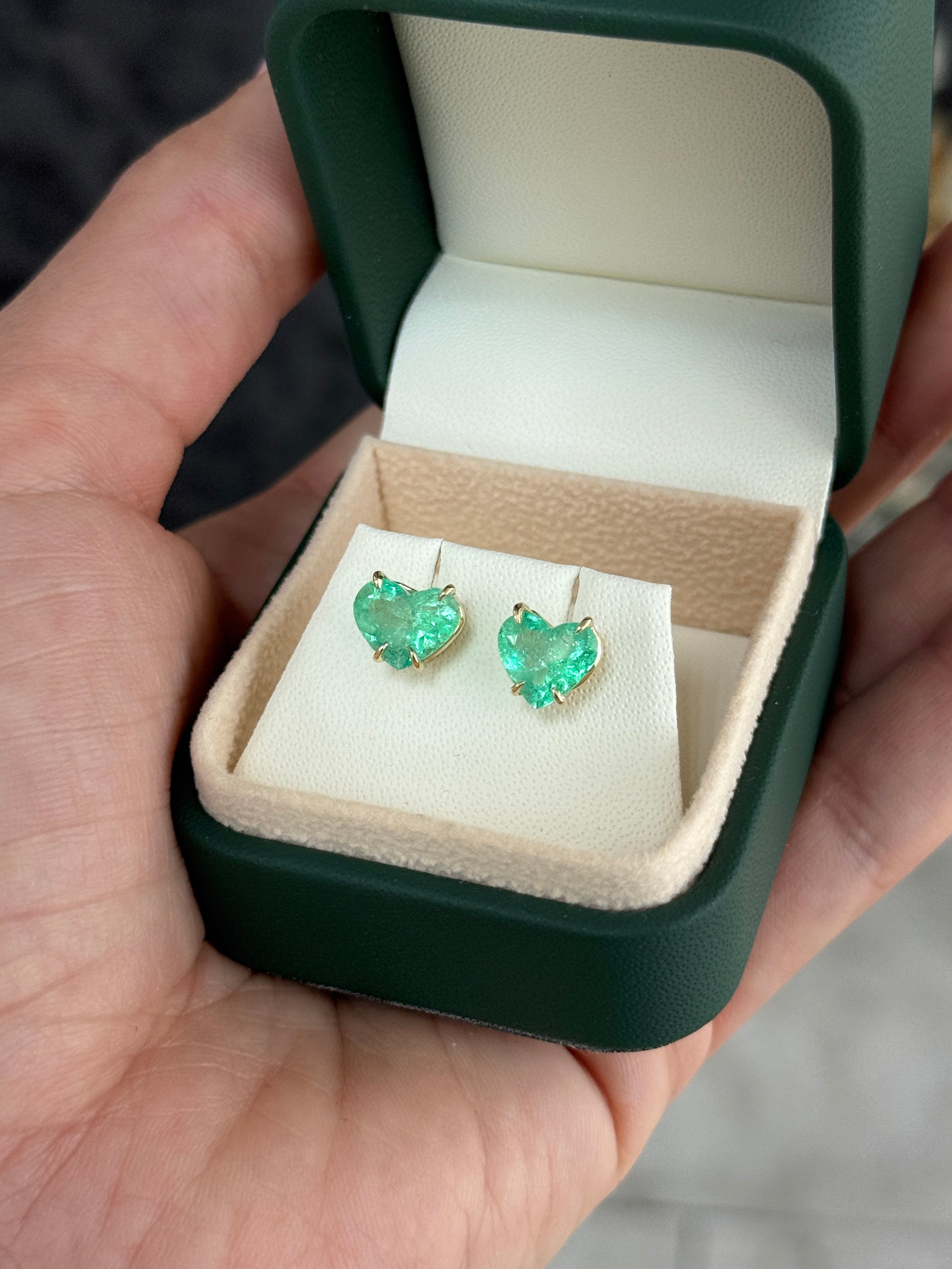 3.24tcw Matching Pair Green Natural Colombian Emerald Hearts Stud Earrings 14K - JR Colombian Emeralds