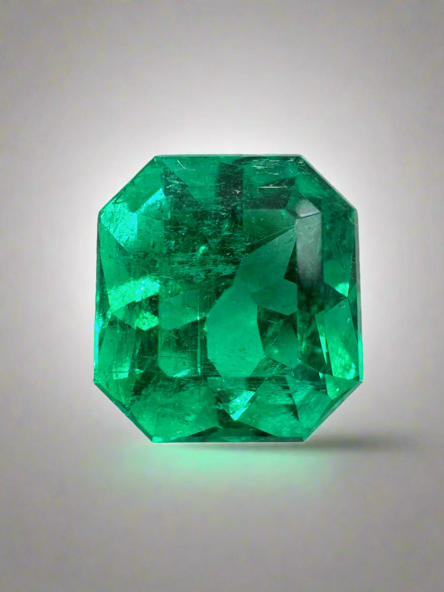 3.26 carat vivid yellowish-green Colombian emerald in an emerald cut, showcased by JR Colombian Emeralds.