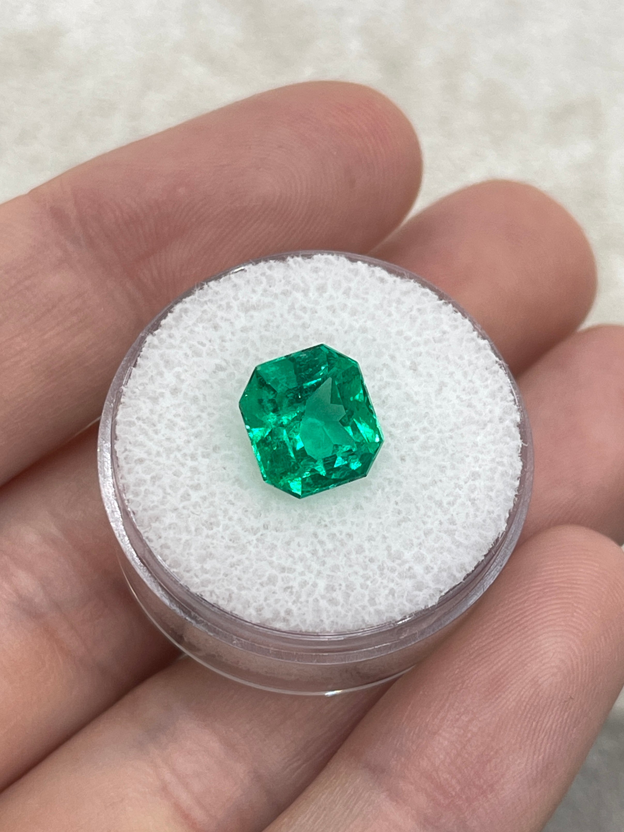 3.26 Carat vivid yellowish-green Colombian emerald in emerald cut from JR Colombian Emeralds, showcasing its vibrant color and clarity.