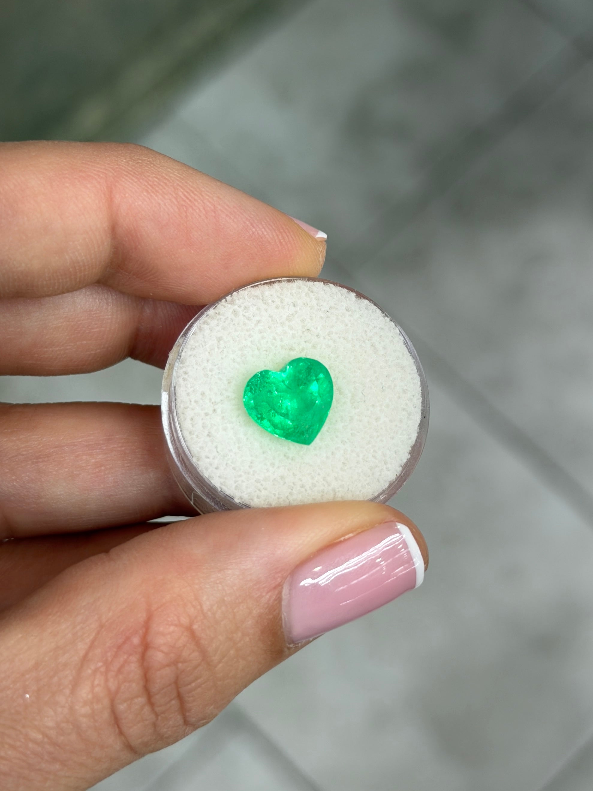 Yellowish electric green Colombian emerald, 3.28 carats, heart cut, natural loose emerald from JR Colombian Emeralds.