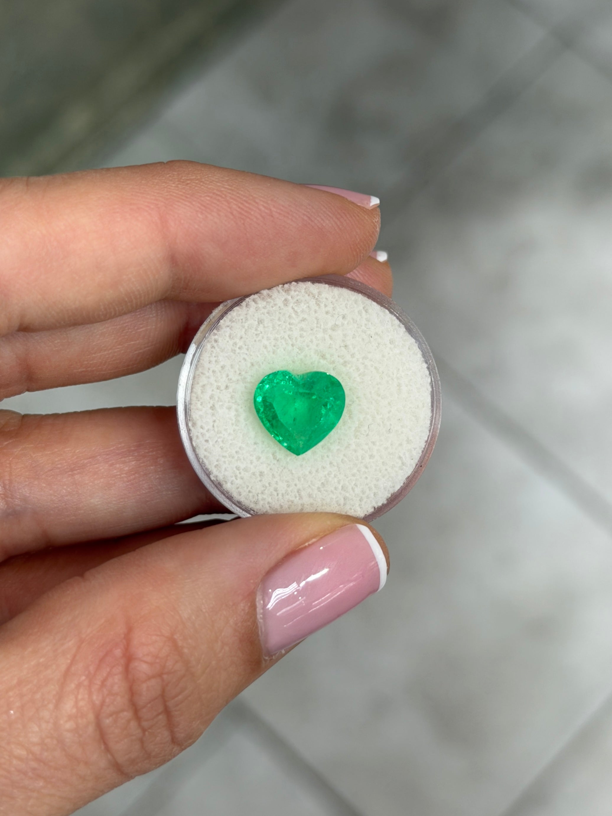 Natural loose Colombian emerald, heart cut, 3.28 carats, yellowish electric green, from JR Colombian Emeralds.