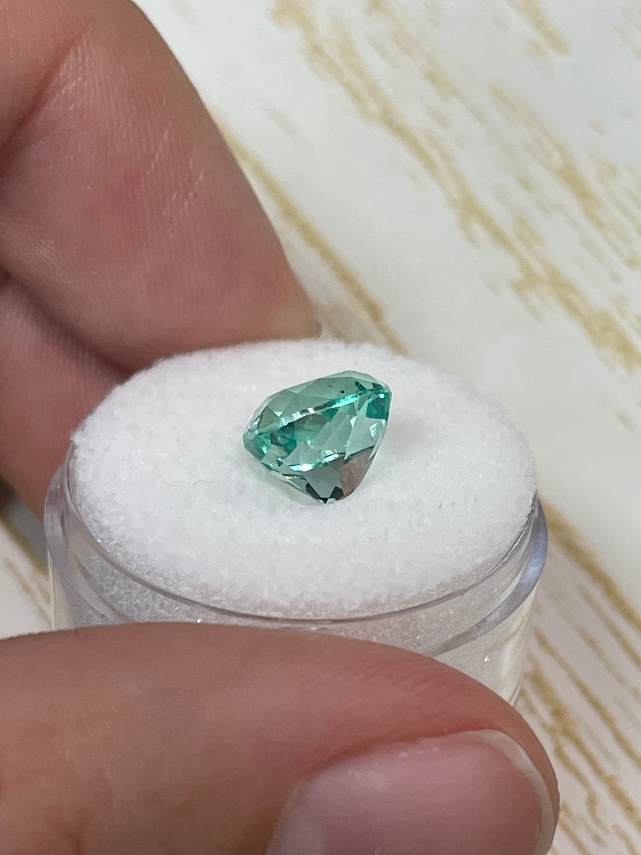 3.31 carat natural Colombian emerald, 9x9mm cushion cut, pastel light green gemstone, loose emerald from JR Colombian Emeralds