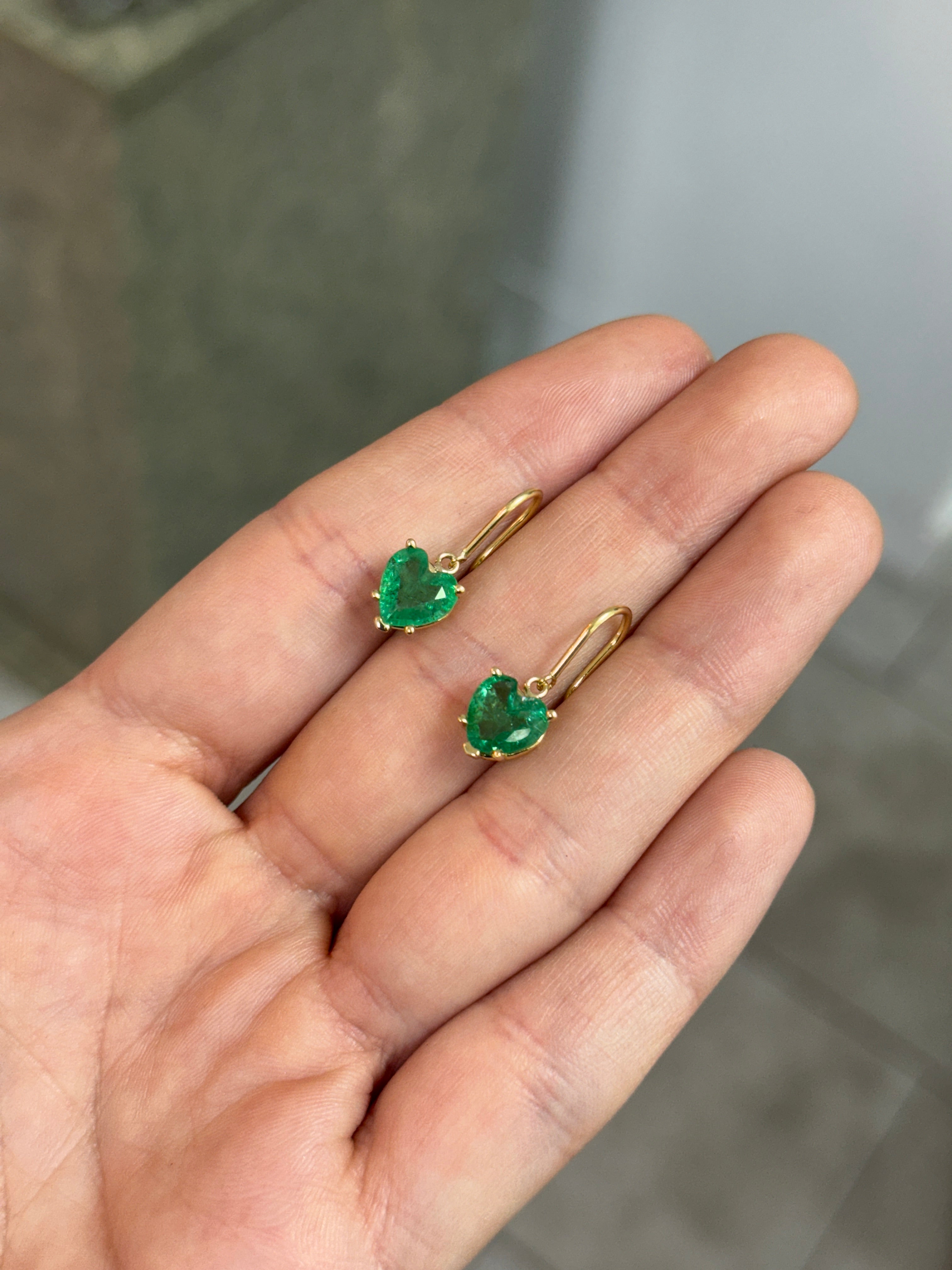 3.43tcw Natural Heart Emerald French Hook Earrings 18K