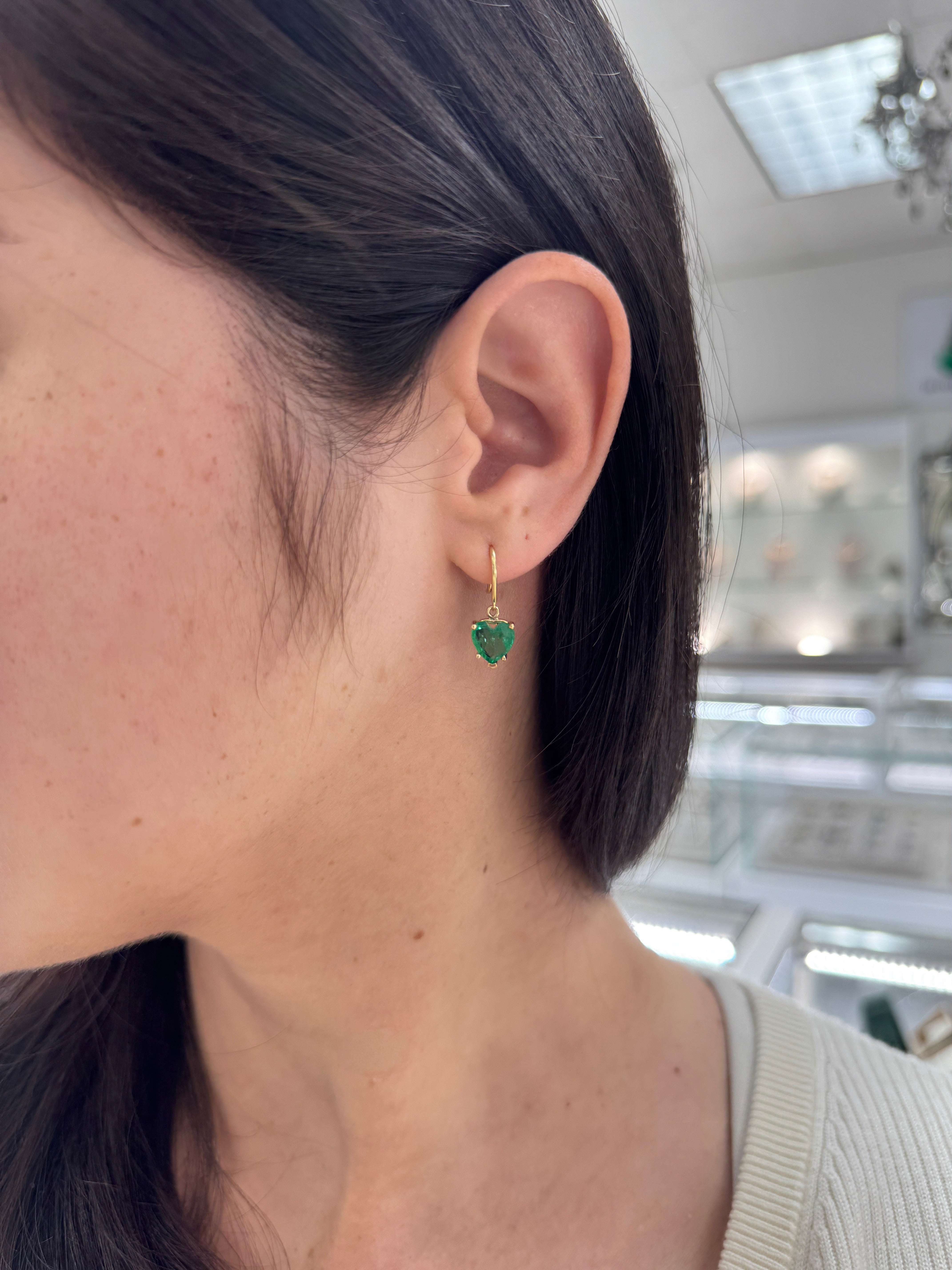 3.43tcw Natural Heart Emerald French Hook Earrings 18K