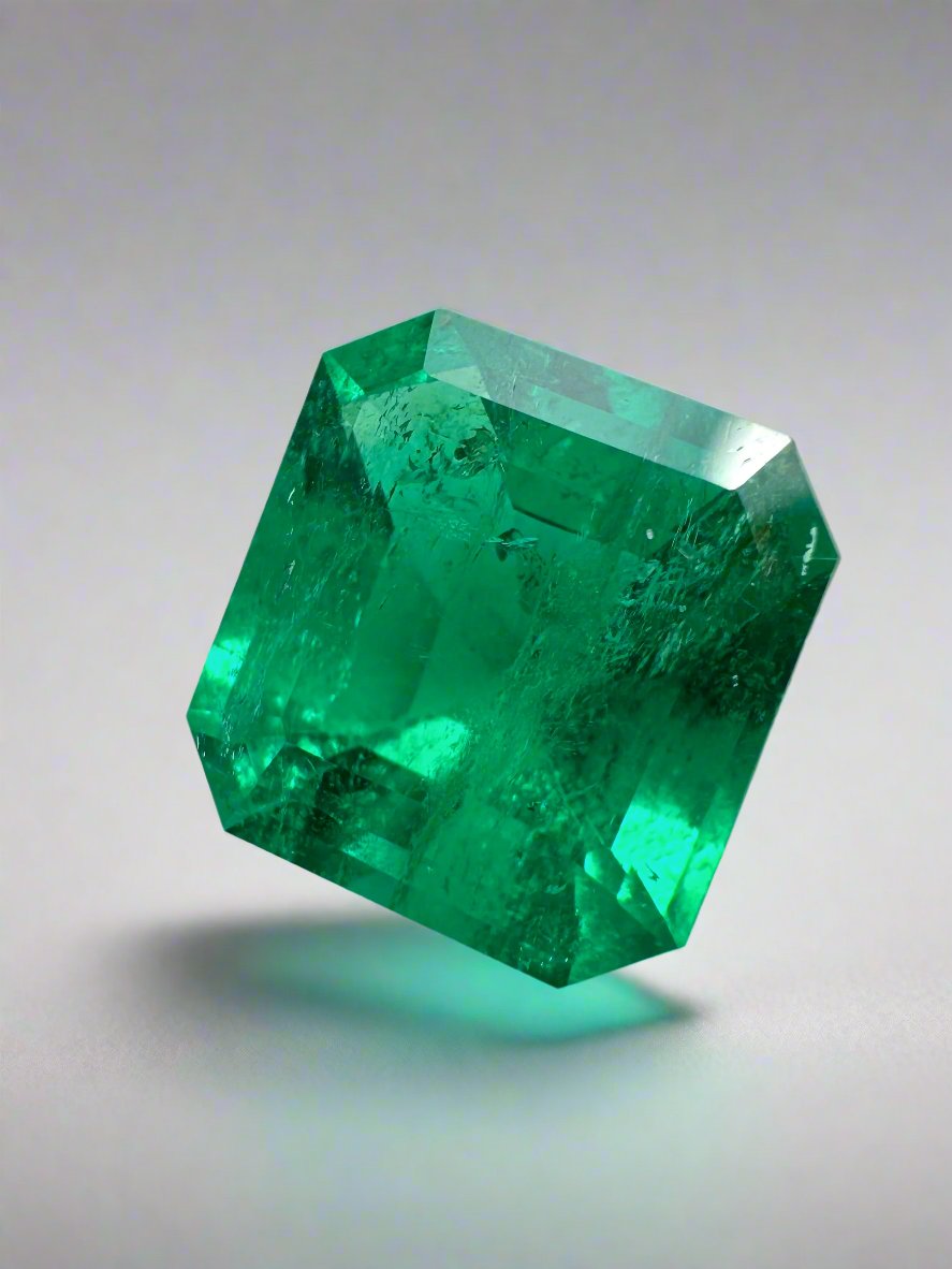 Vivid 3.49 Carat Muzo green Colombian emerald loose gemstone in Asscher cut, natural and vibrant, displayed on a neutral background.