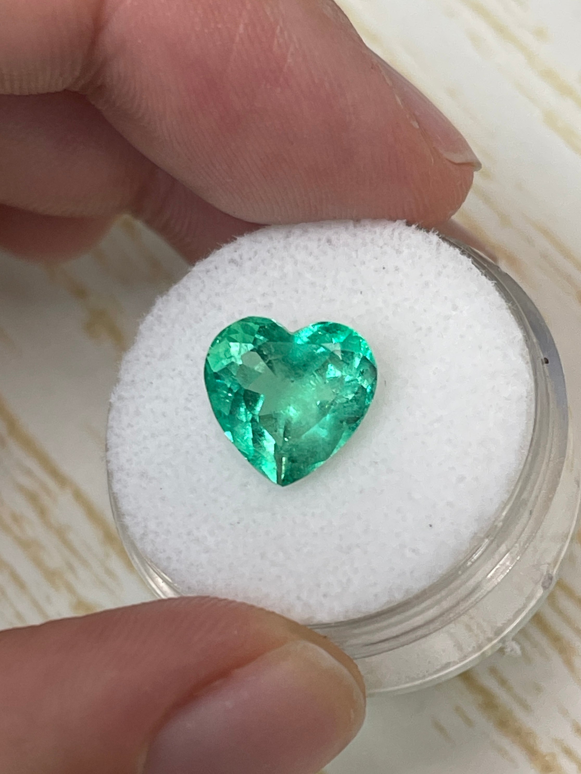 Natural loose Colombian emerald, 3.50 carats, heart cut, bubbly green, 10.2x10.5mm, from JR Colombian Emeralds.