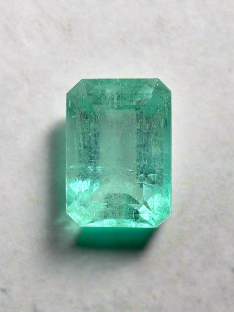 Seafoam green 3.54 carat Colombian emerald in emerald cut, natural loose gemstone from JR Colombian Emeralds.