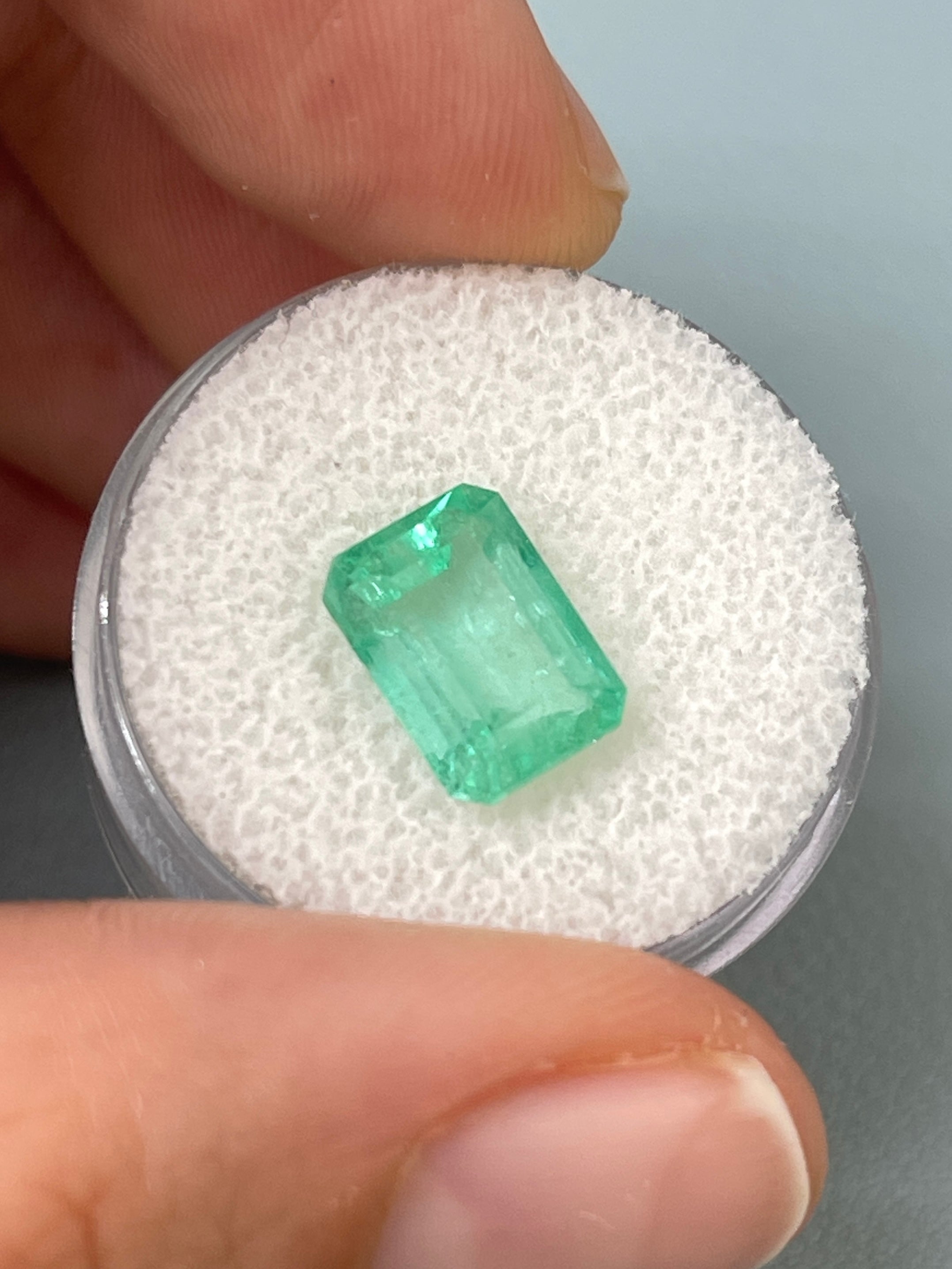 Seafoam green 3.54 carat natural Colombian emerald in emerald cut, loose gemstone from JR Colombian Emeralds.