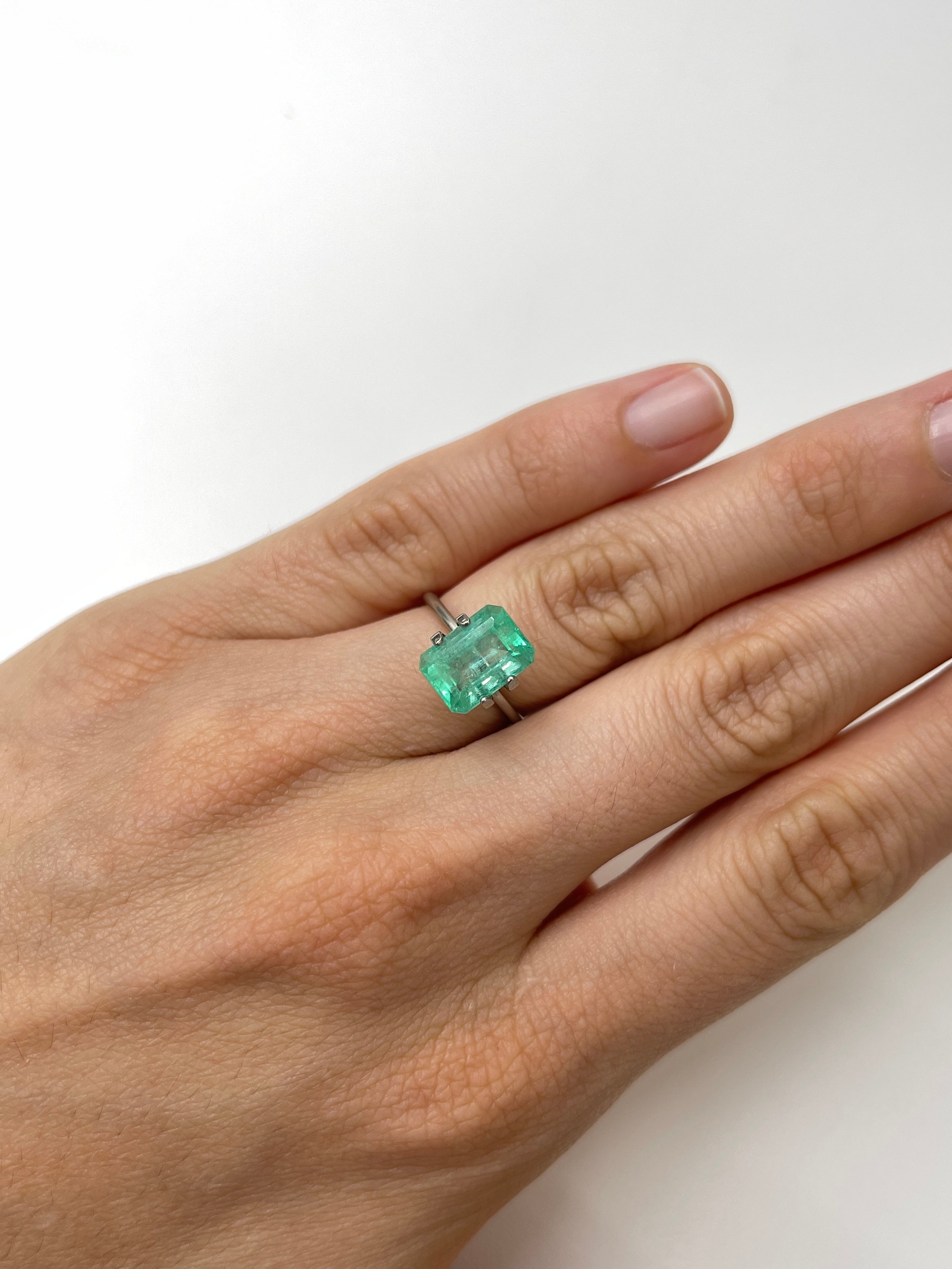Seafoam green 3.54 carat natural Colombian emerald loose gemstone in emerald cut, from JR Colombian Emeralds.