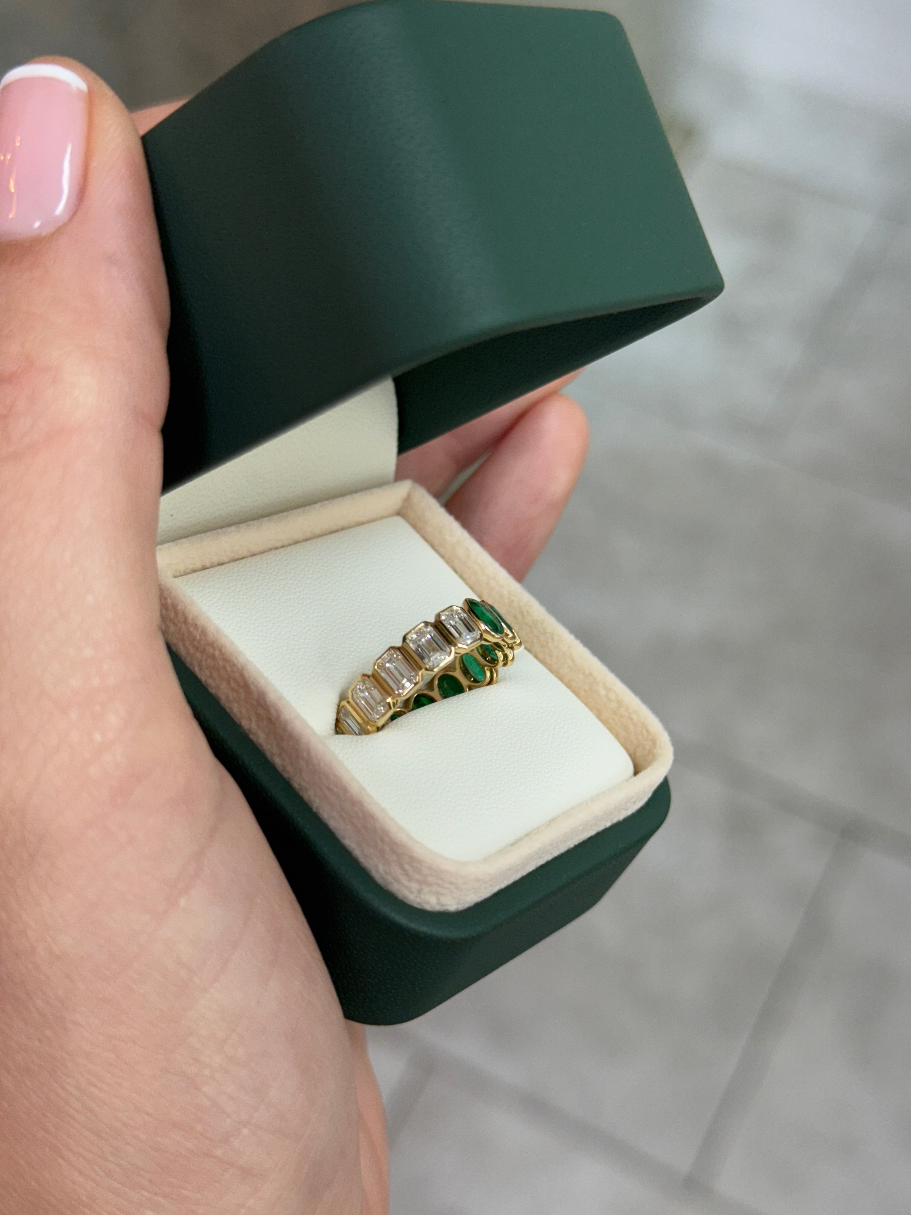 3.65tcw Undecided Half Oval Emerald & Half Emerald Cut Diamond Eternity Band 18K- 6.5