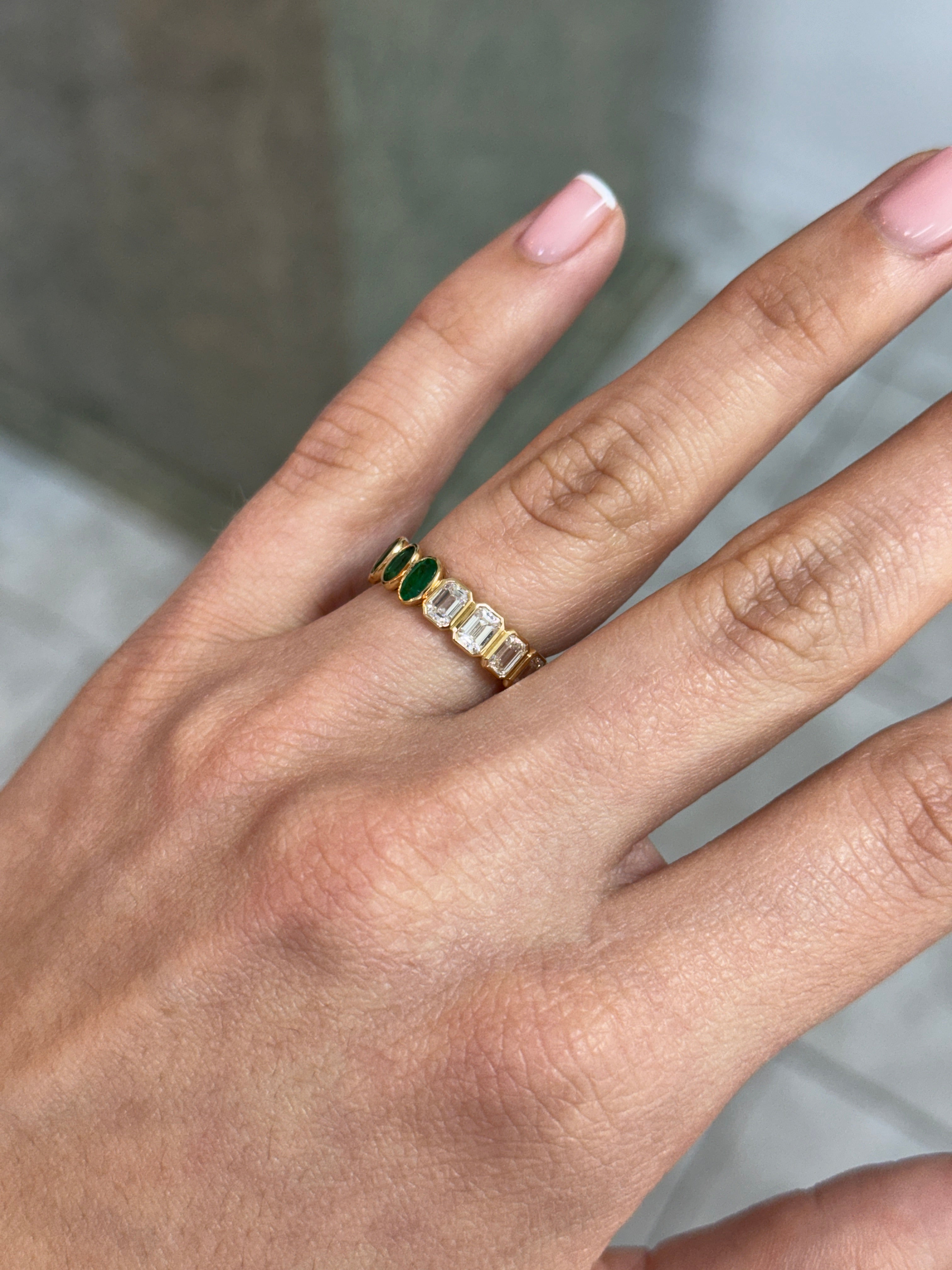 JR Colombian Emeralds 18K gold eternity band with 3.65tcw half oval and half emerald cut diamonds, size 6.5.