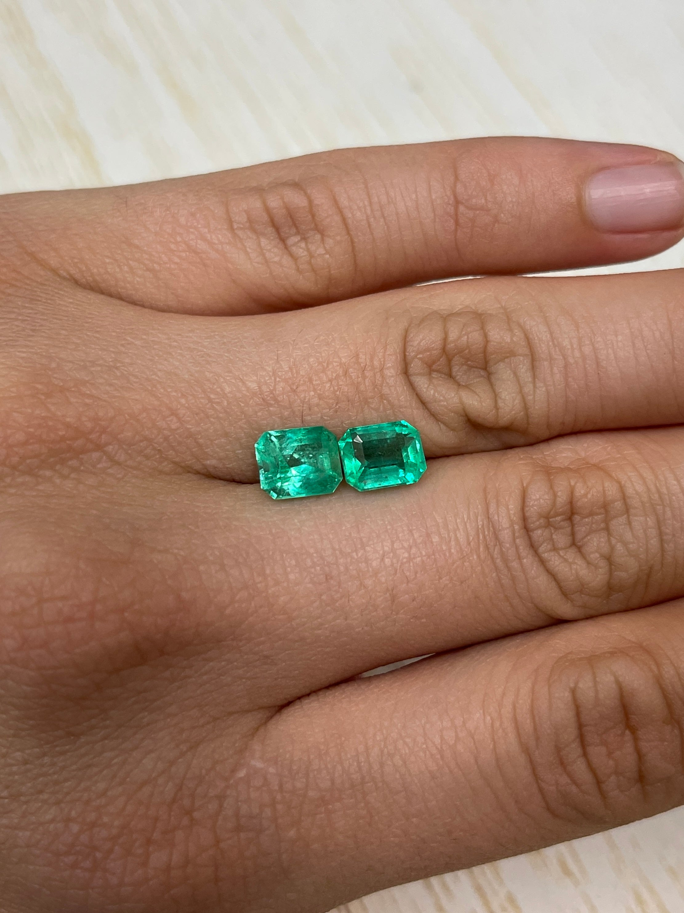 Matching green Colombian emeralds, 8x6.5mm emerald cut, loose gemstones with 3.73tcw from JR Colombian Emeralds.