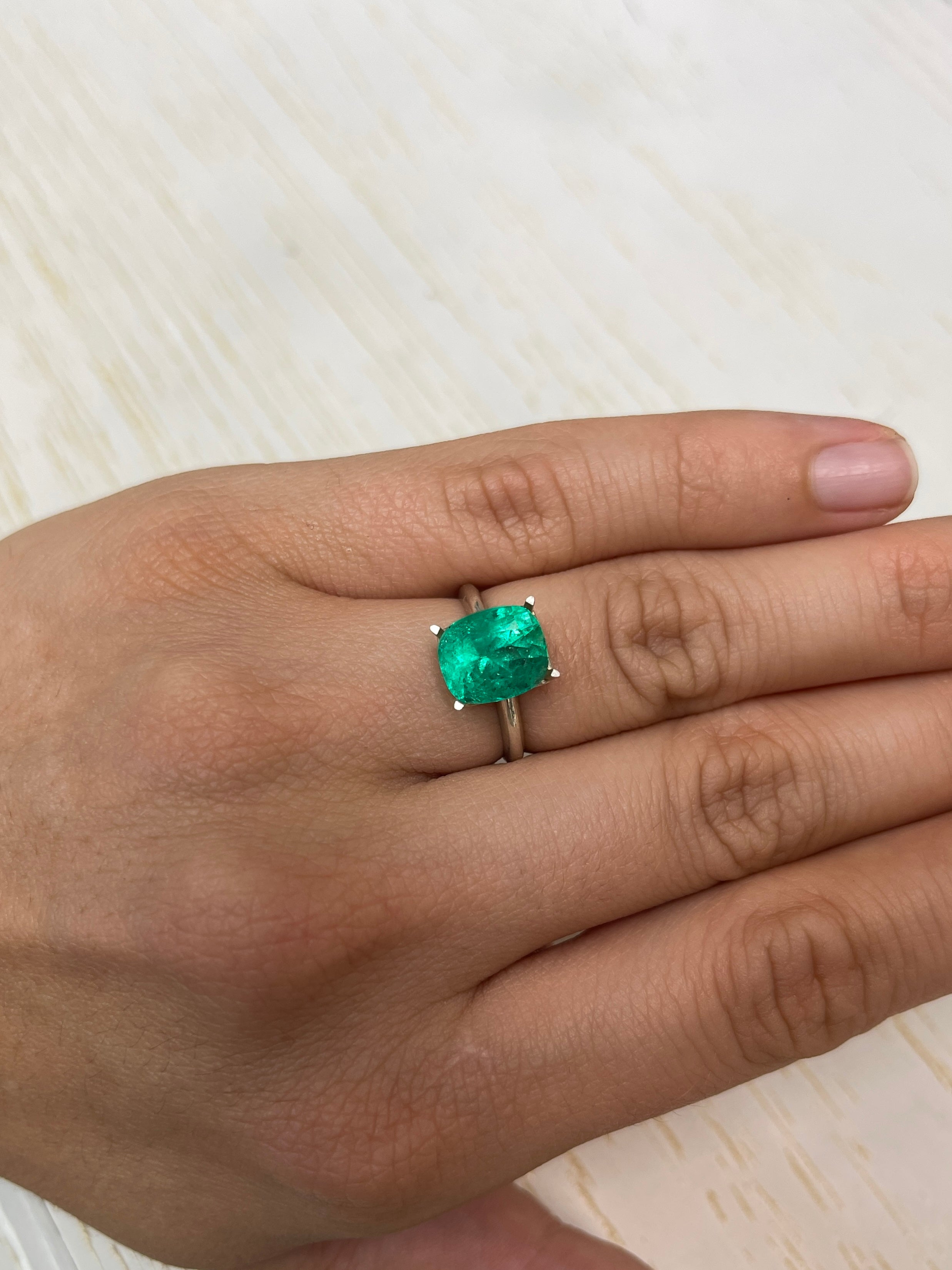 3.84-carat intense medium green Colombian emerald, cushion cut, natural loose gemstone from JR Colombian Emeralds.