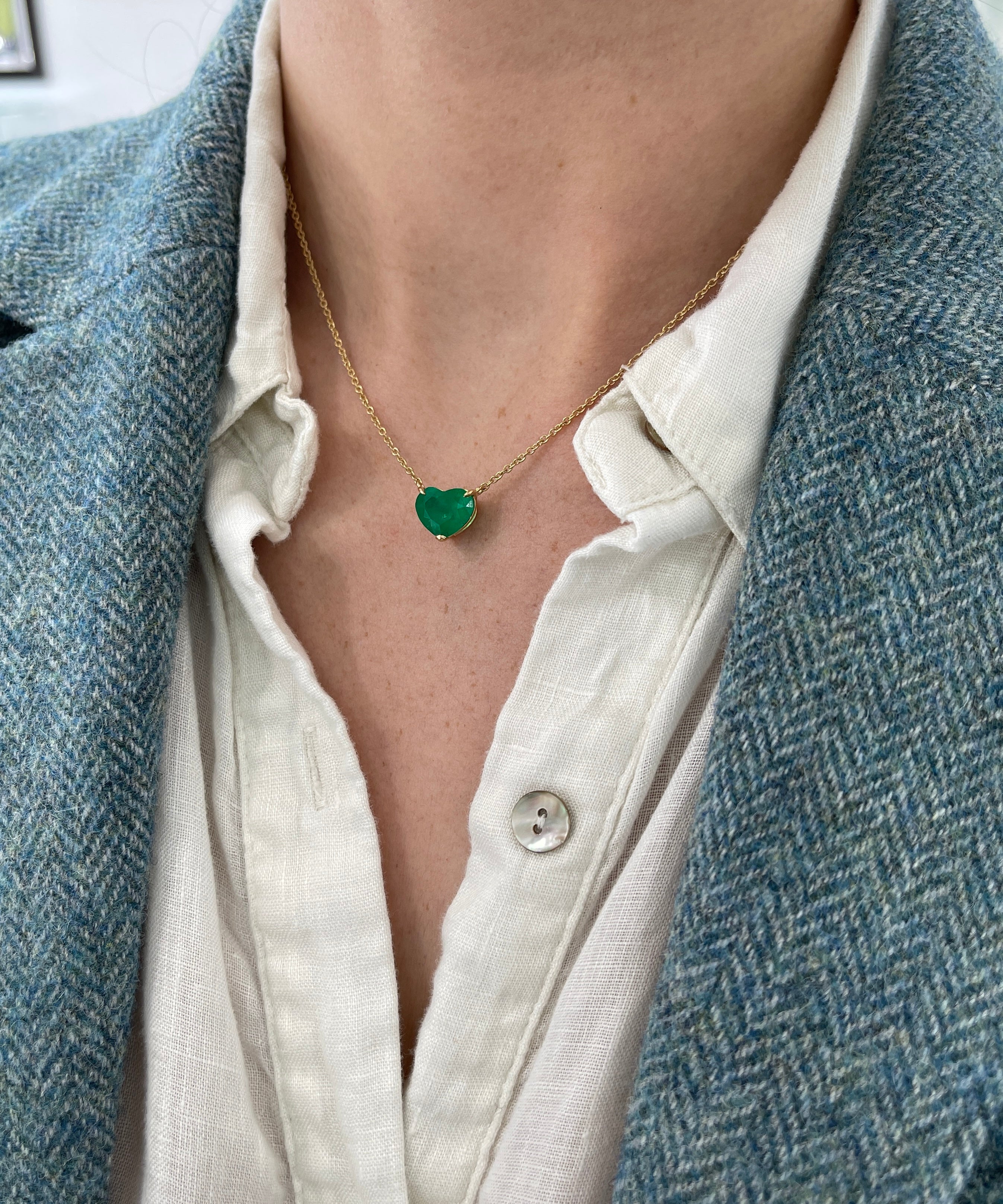 3.85 Carat Colombian Emerald Heart Cut Solitaire 18K Necklace - JR Colombian Emeralds