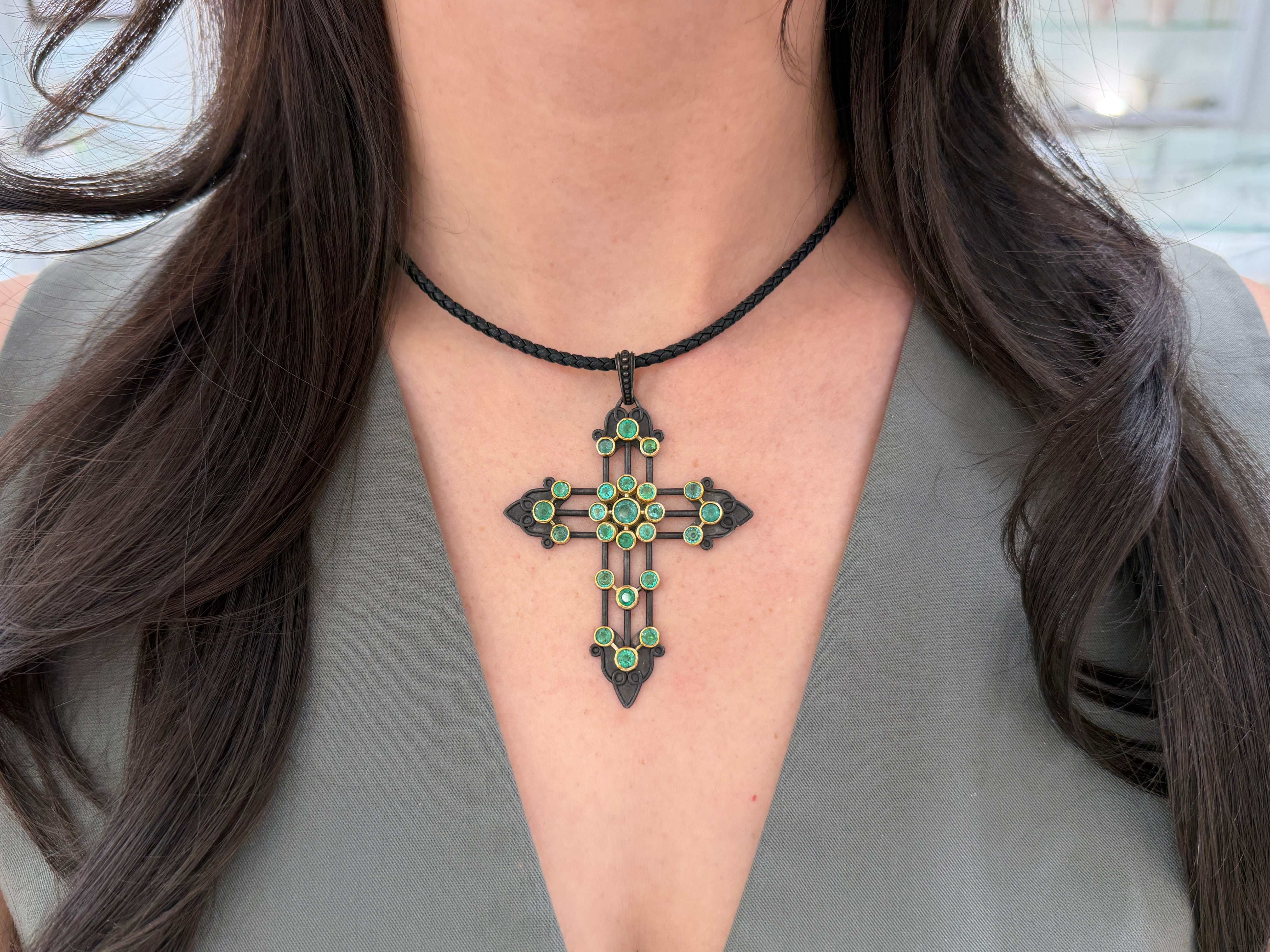 Gothic emerald crucifix pendant with 3.95tcw emeralds in 14K gold and blackened silver, from JR Colombian Emeralds.