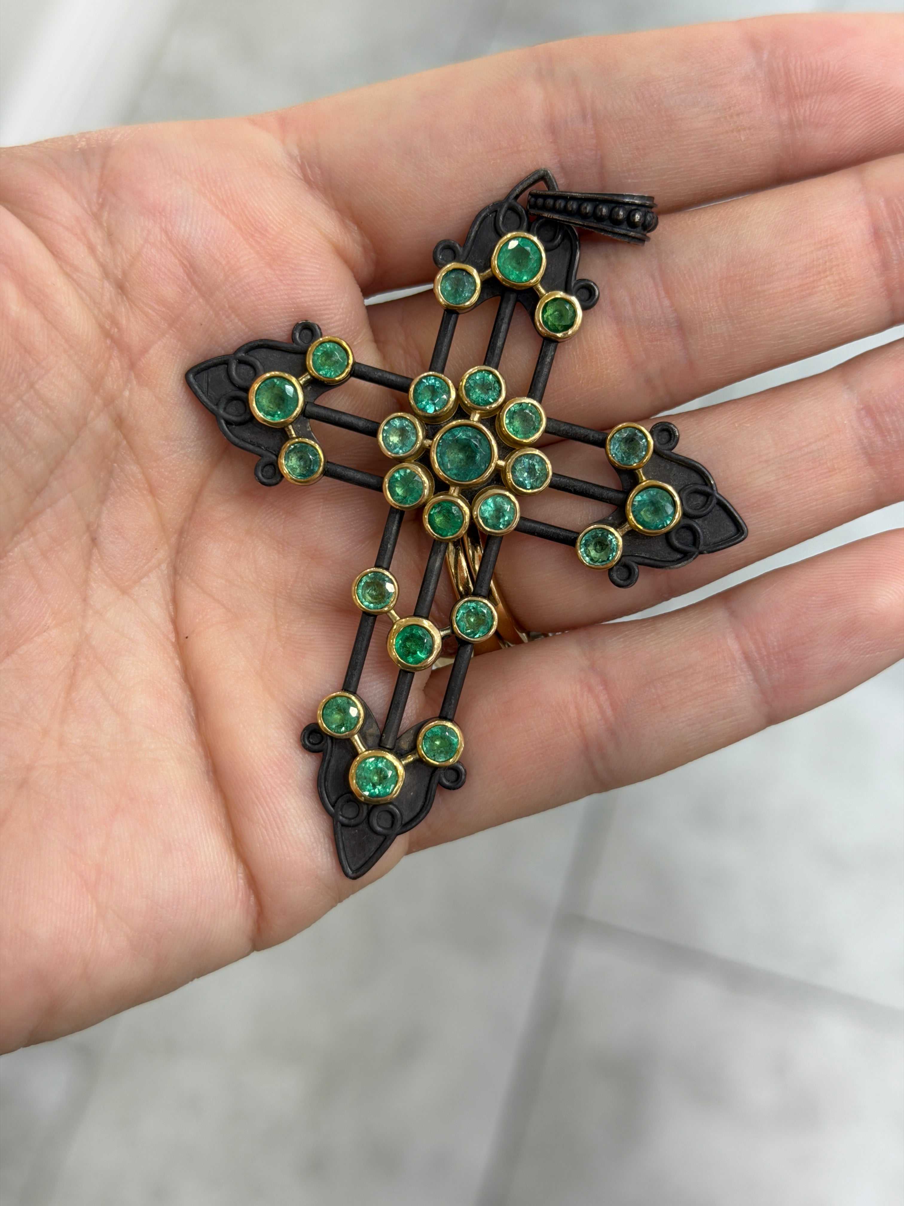 Gothic emerald crucifix necklace with 3.95tcw emeralds, 14K gold and blackened silver by JR Colombian Emeralds