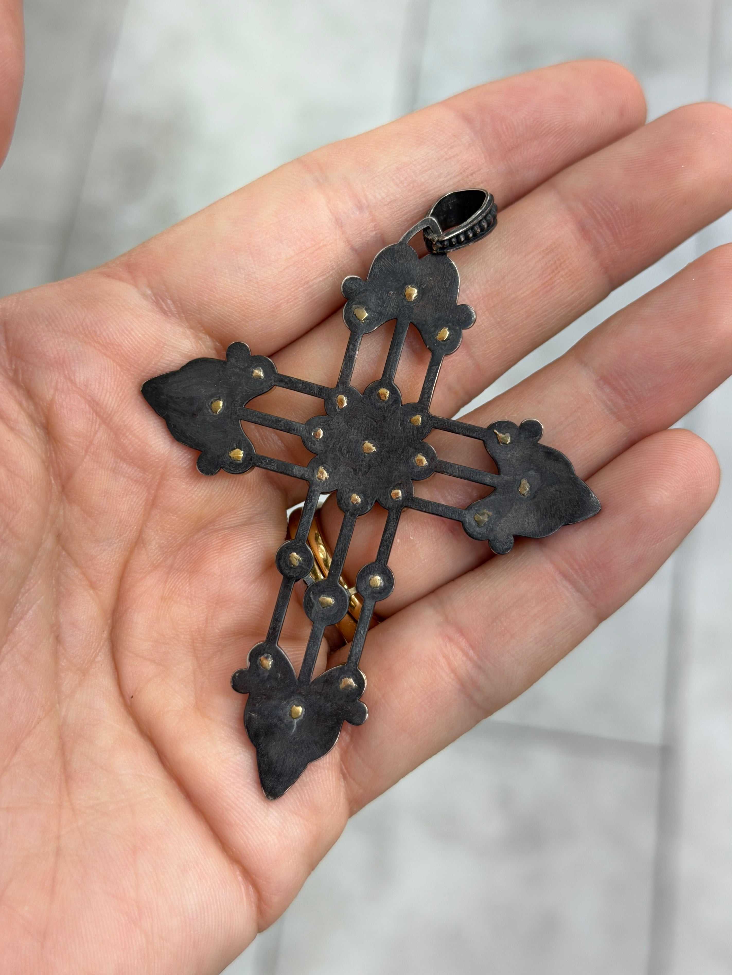 Gothic emerald crucifix pendant in 14K gold and blackened silver with 3.95tcw Colombian emeralds, detailed religious jewelry.