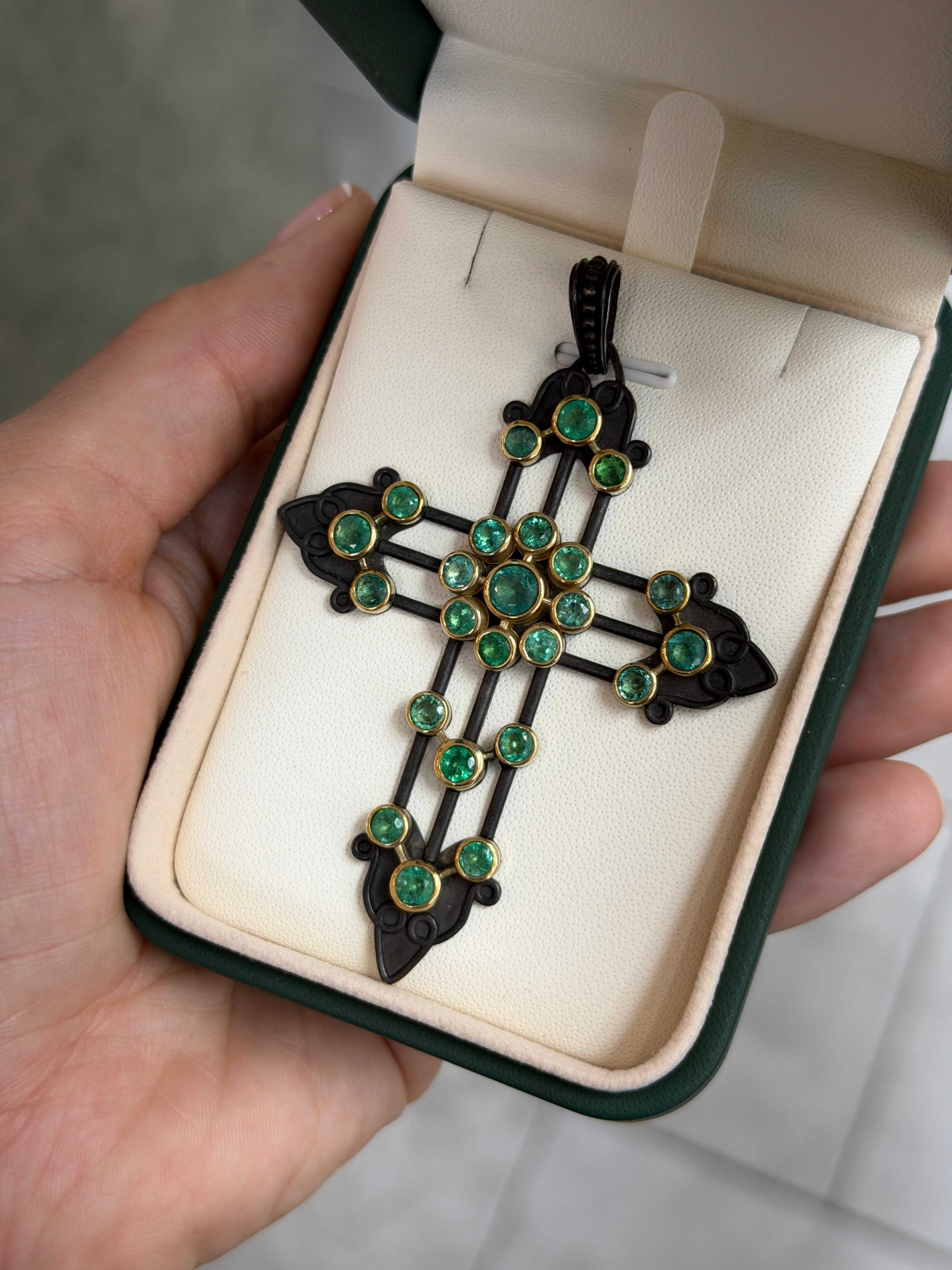 Gothic emerald crucifix pendant with 3.95tcw Colombian emeralds, 14K gold and blackened silver from JR Colombian Emeralds.