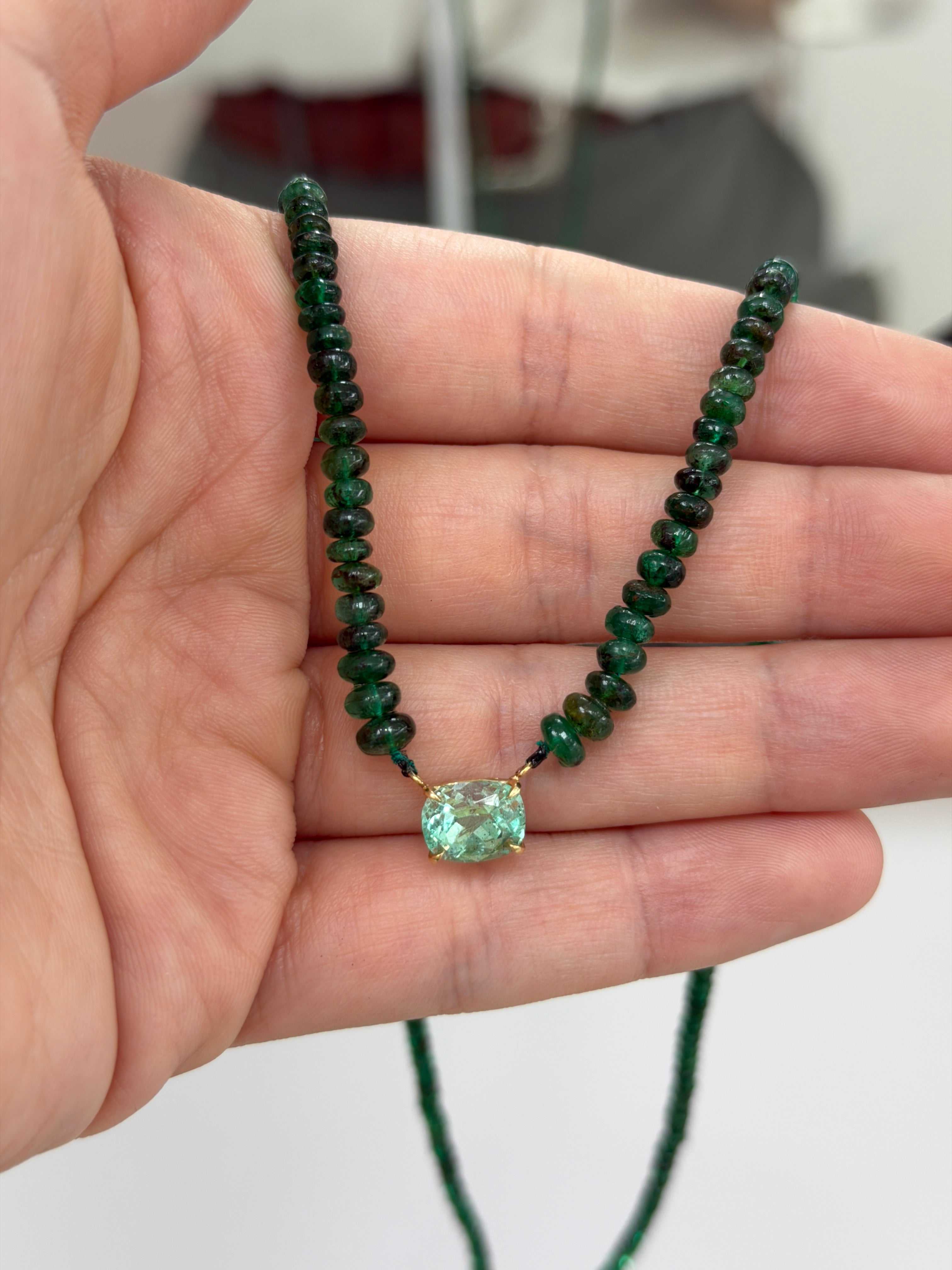 32 Carat Cushion Cut Emerald & Emerald Bead Necklace 14K - JR Colombian Emeralds