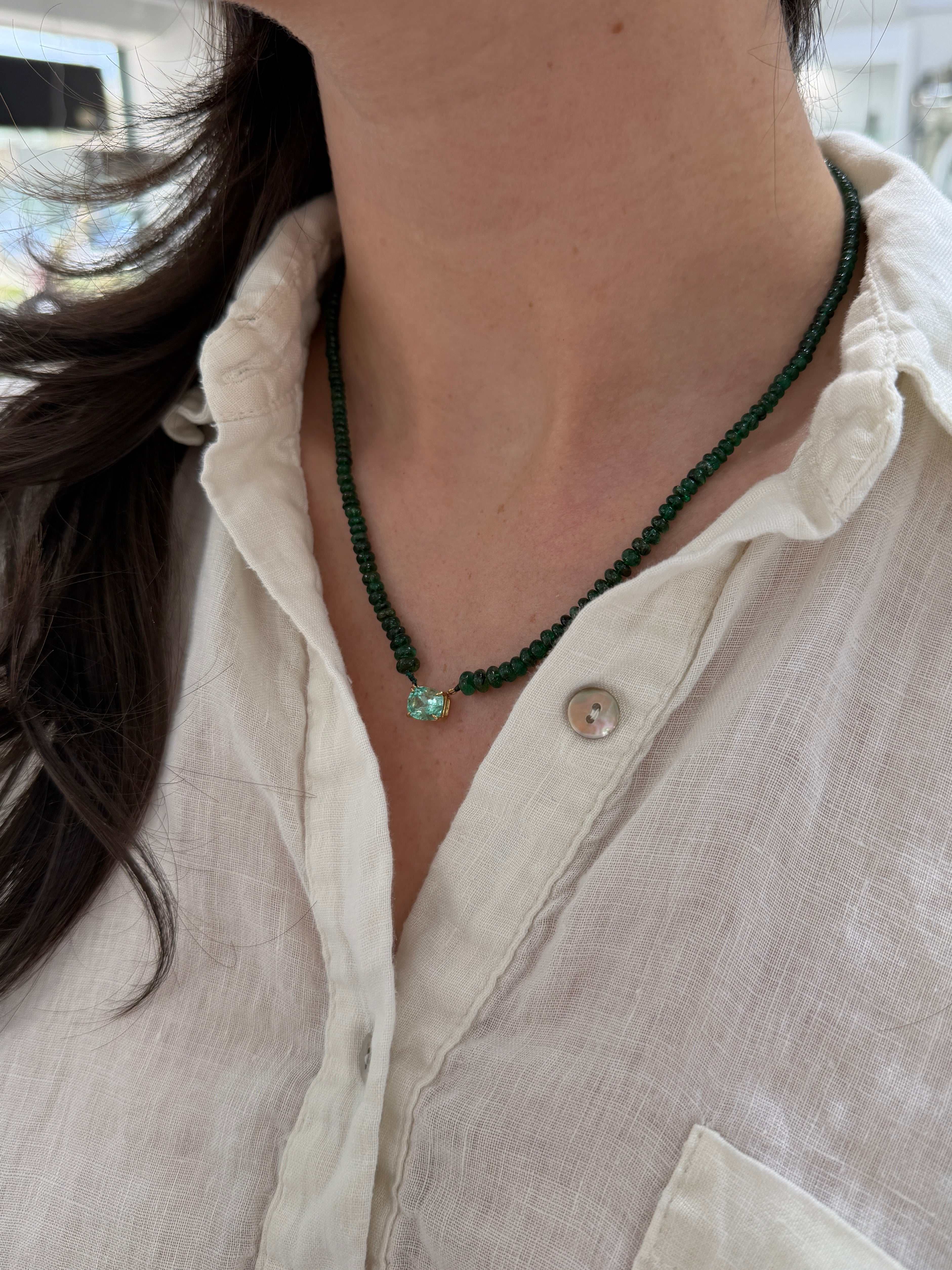 32 Carat Cushion Cut Emerald & Emerald Bead Necklace 14K - JR Colombian Emeralds