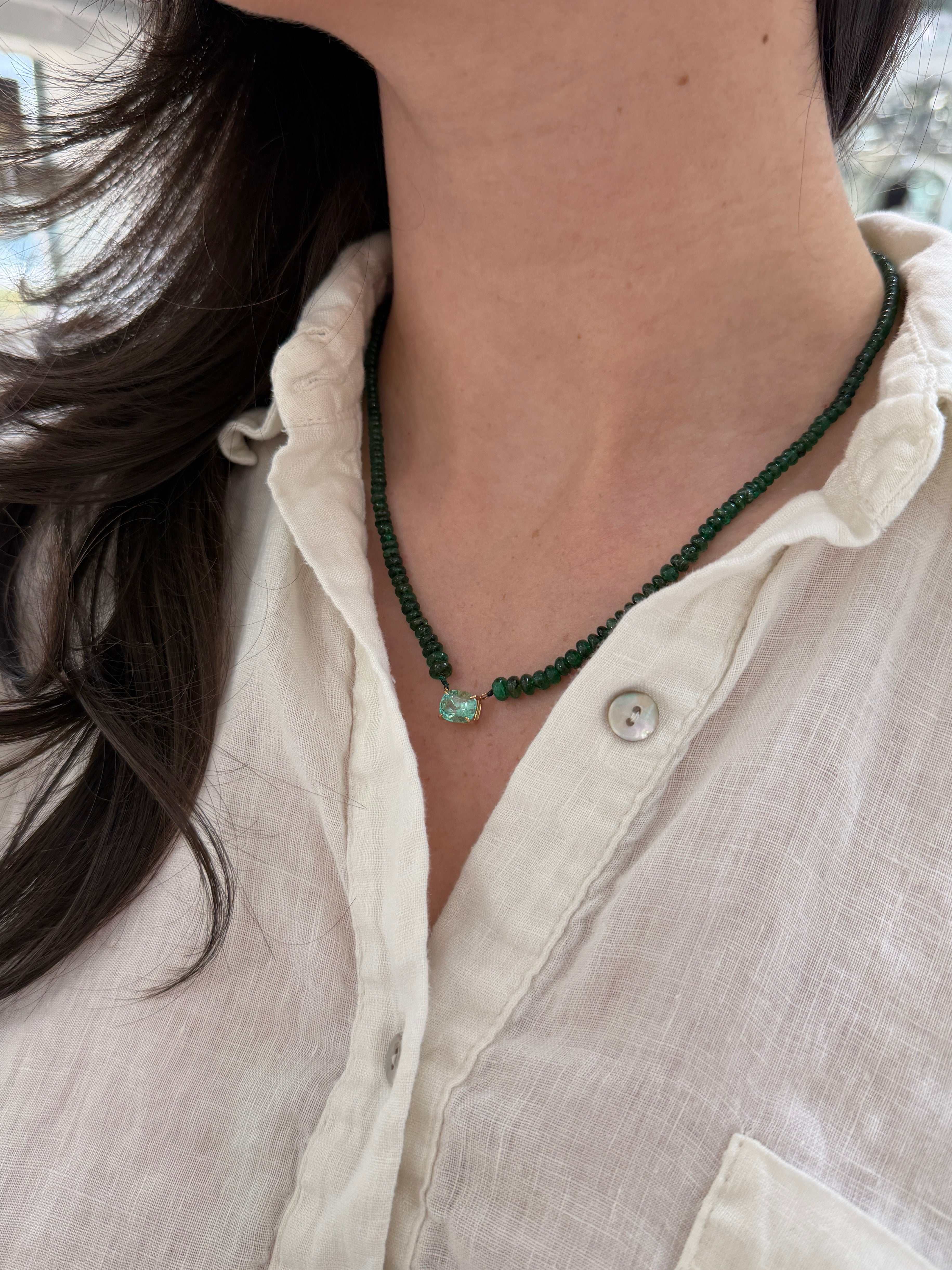 32 Carat Cushion Cut Emerald & Emerald Bead Necklace 14K - JR Colombian Emeralds