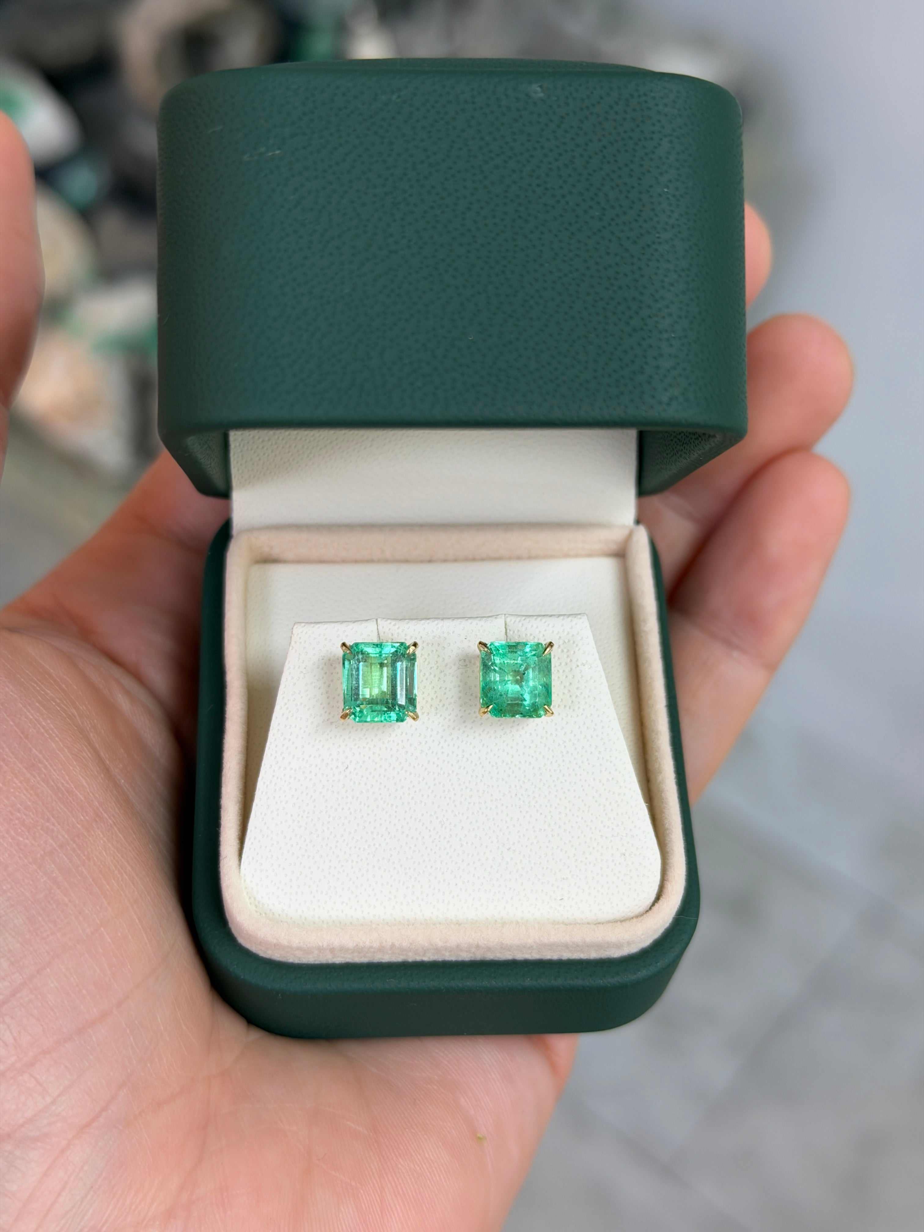 4.09tcw 7.5mm x 7mm natural Colombian Asscher cut emerald stud earrings in 18K yellow gold four prong setting