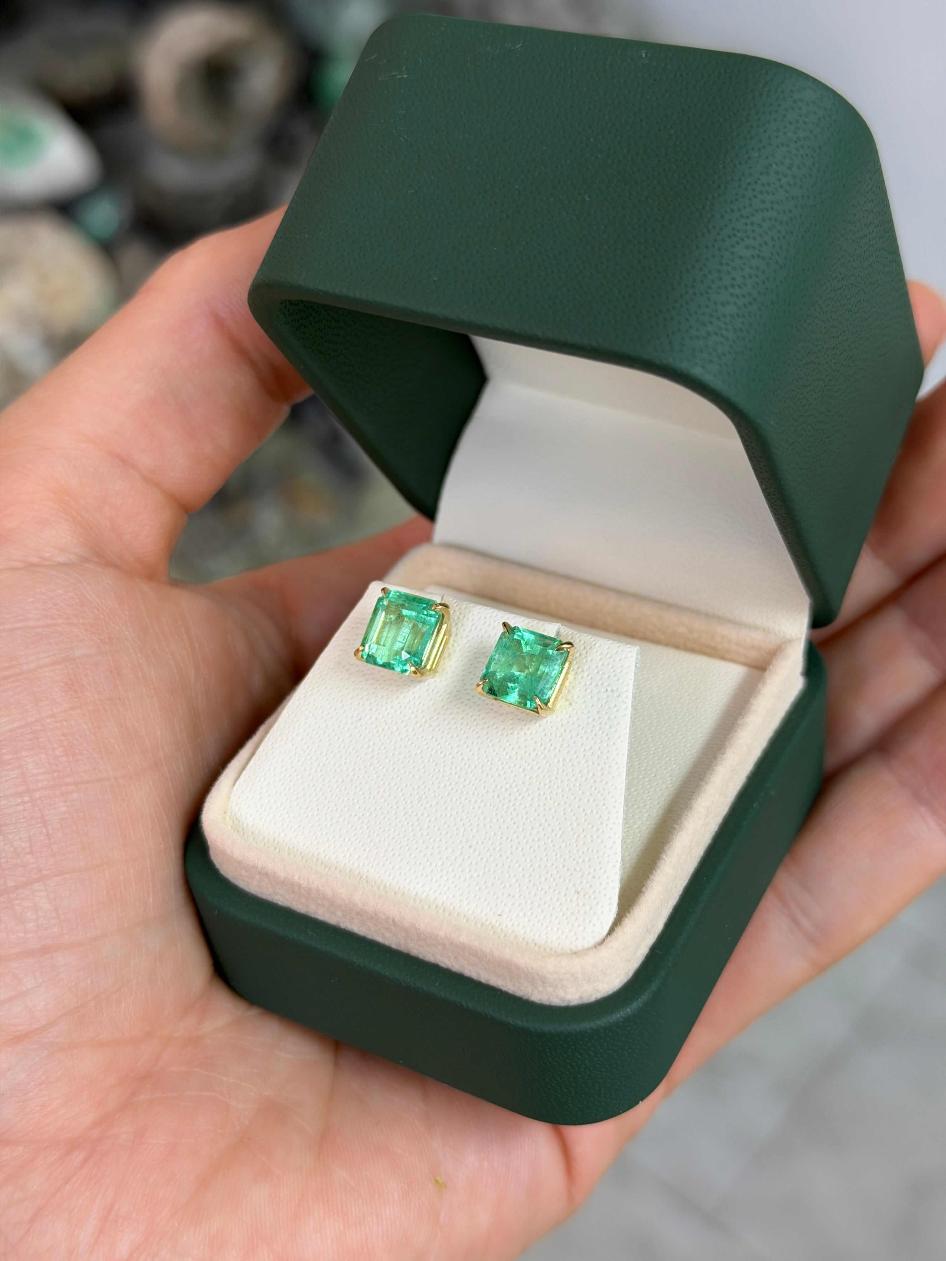 4.09tcw 7.5mm x 7mm Vivacious Asscher Cut Colombian Emerald 18K Studs