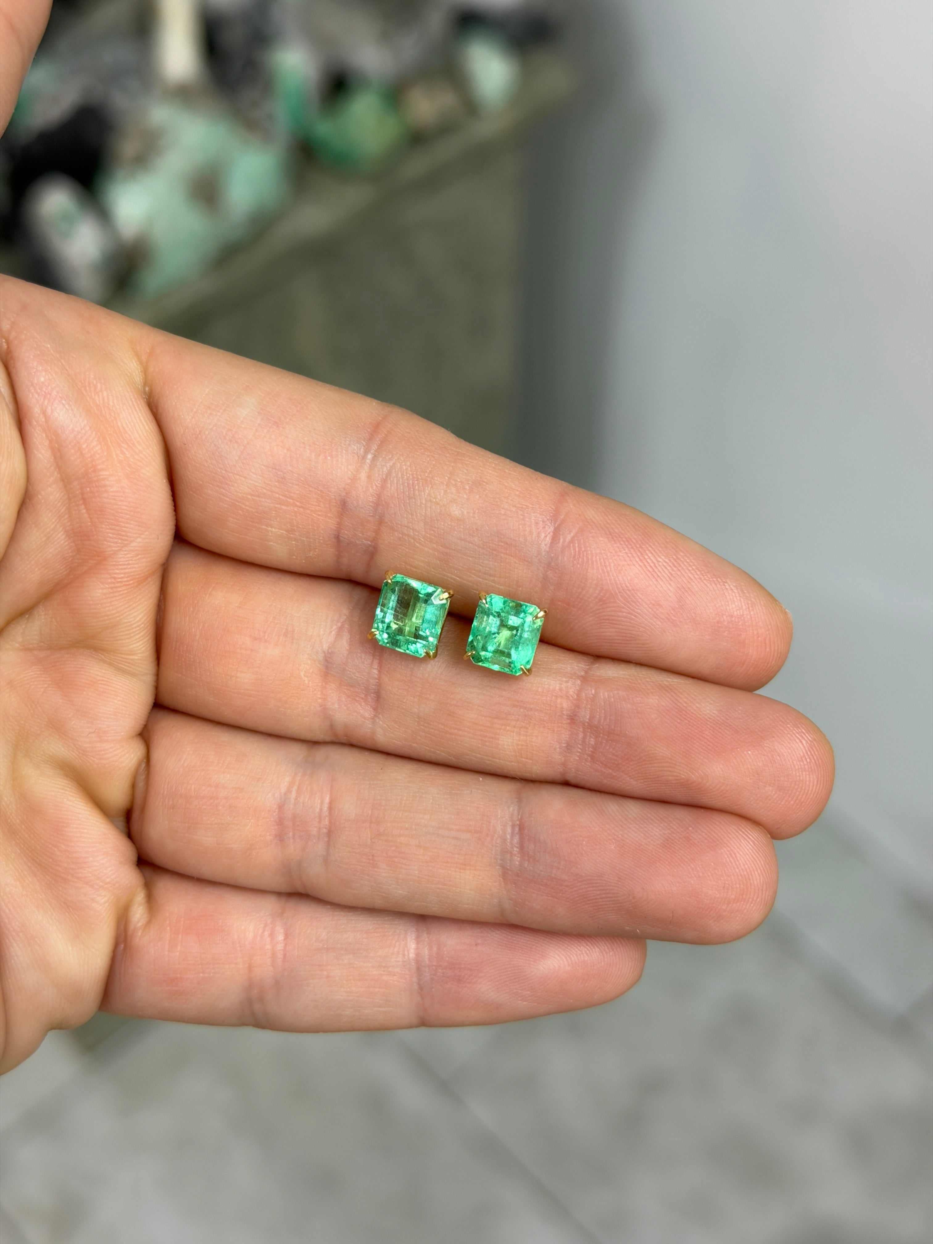 4.09tcw 7.5mm x 7mm Vivacious Asscher Cut Colombian Emerald 18K Studs