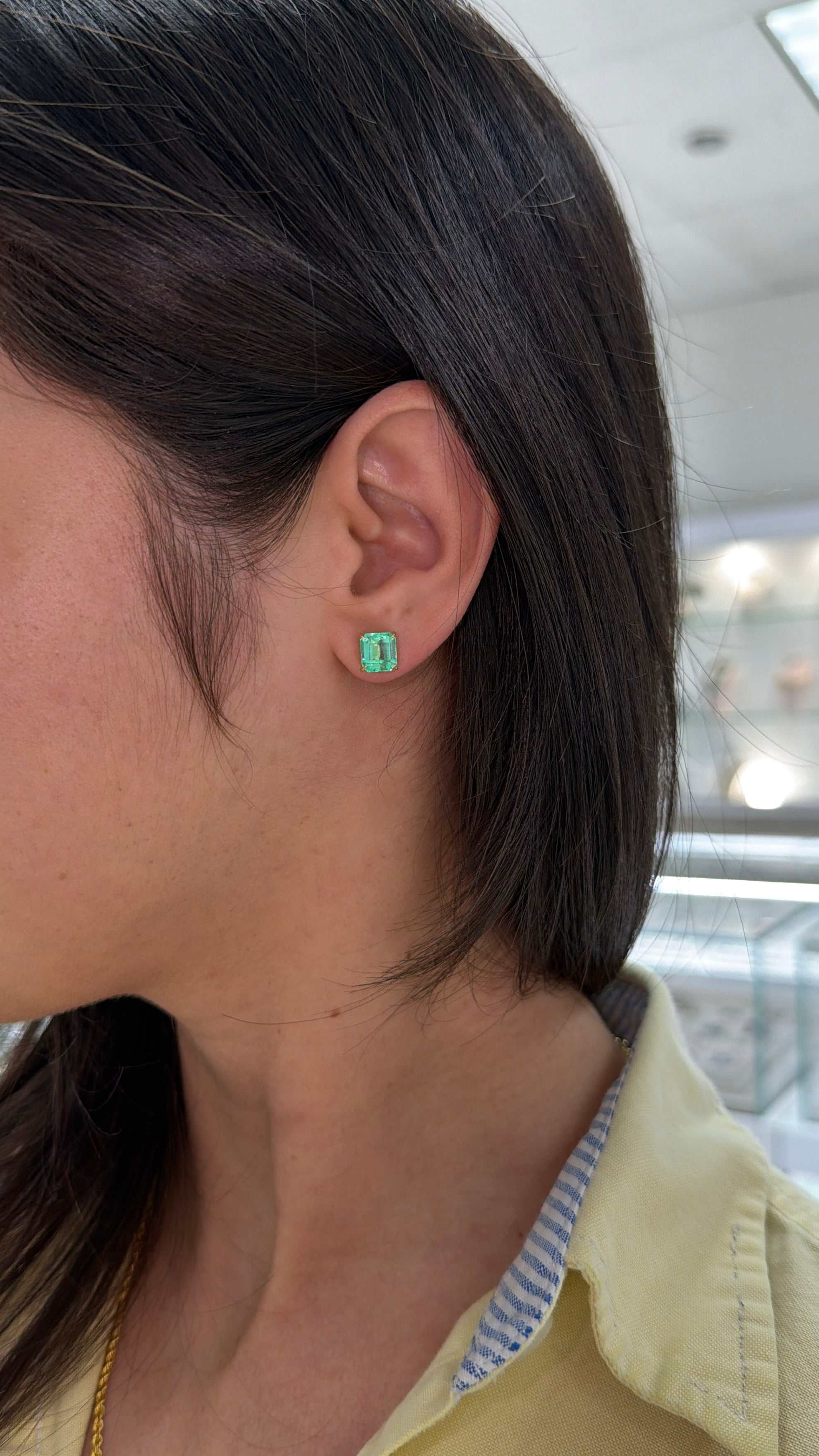 4.09tcw 7.5mm x 7mm Vivacious Asscher Cut Colombian Emerald 18K Studs