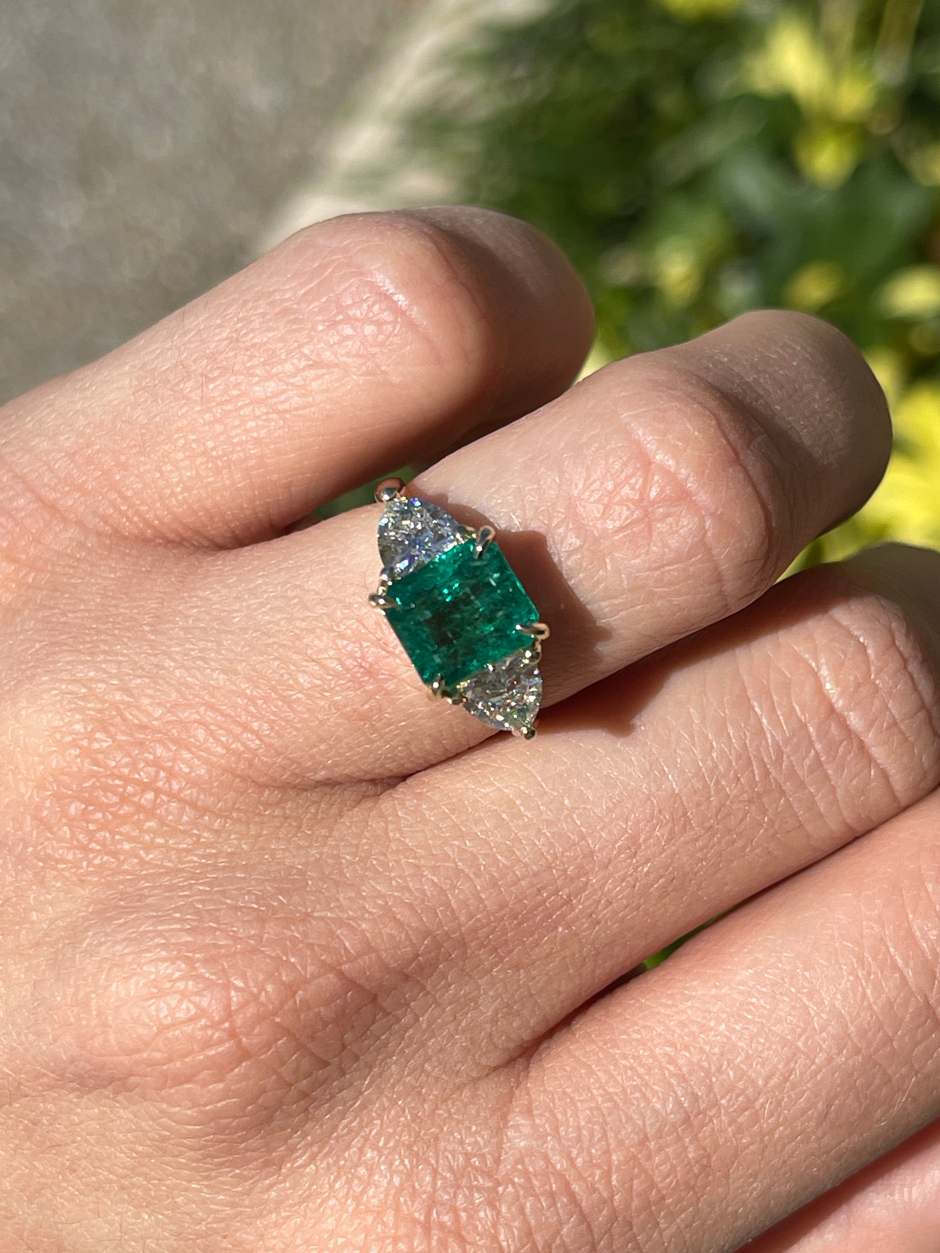 4.10tcw Asscher Cut Natural Emerald & Trillion Cut Lab Diamond Three-Stone Engagement Ring 14K Yellow Gold - JR Colombian Emeralds