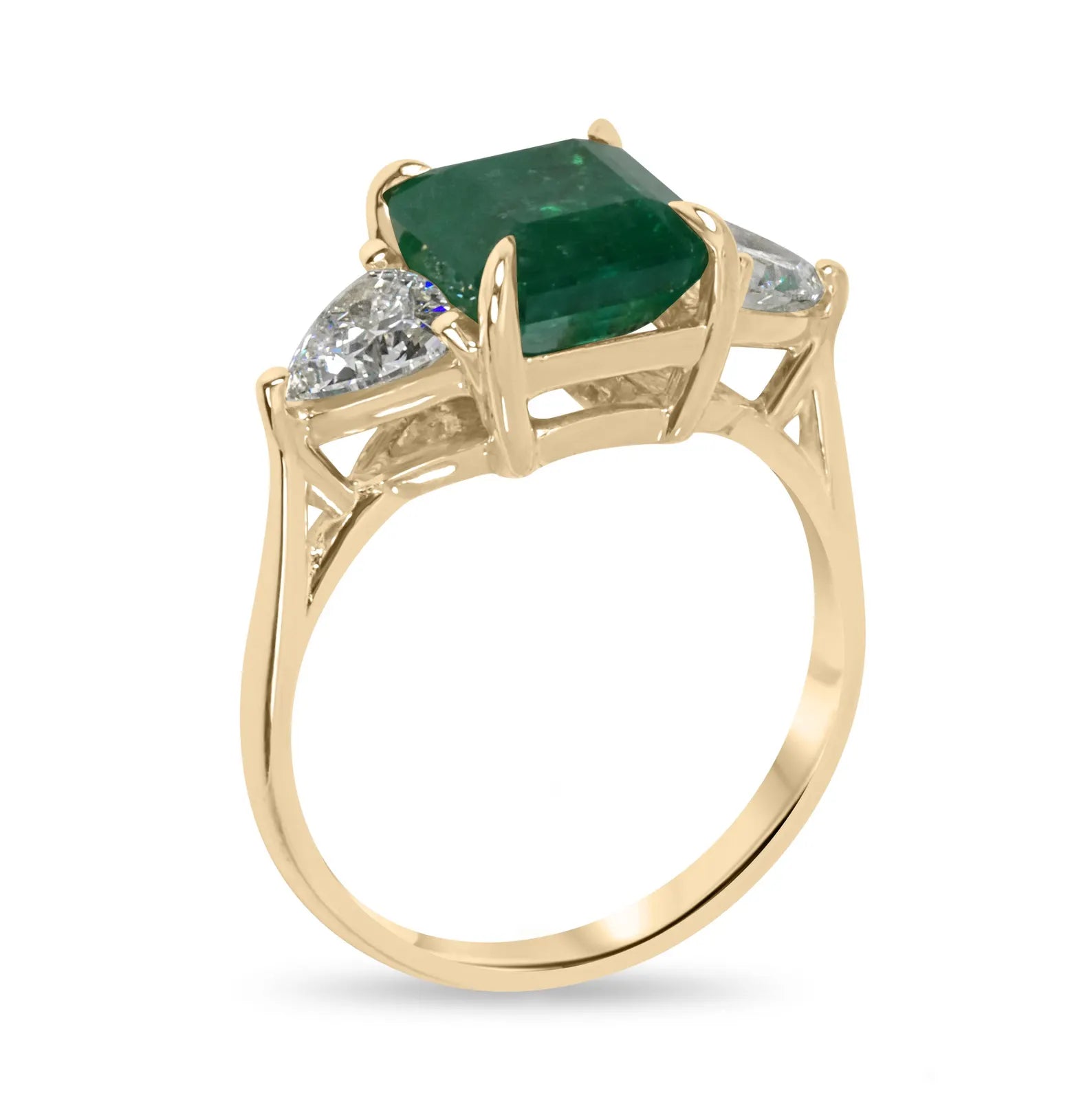 4.10tcw Asscher Cut Natural Emerald & Trillion Cut Lab Diamond Three-Stone Engagement Ring 14K Yellow Gold - JR Colombian Emeralds