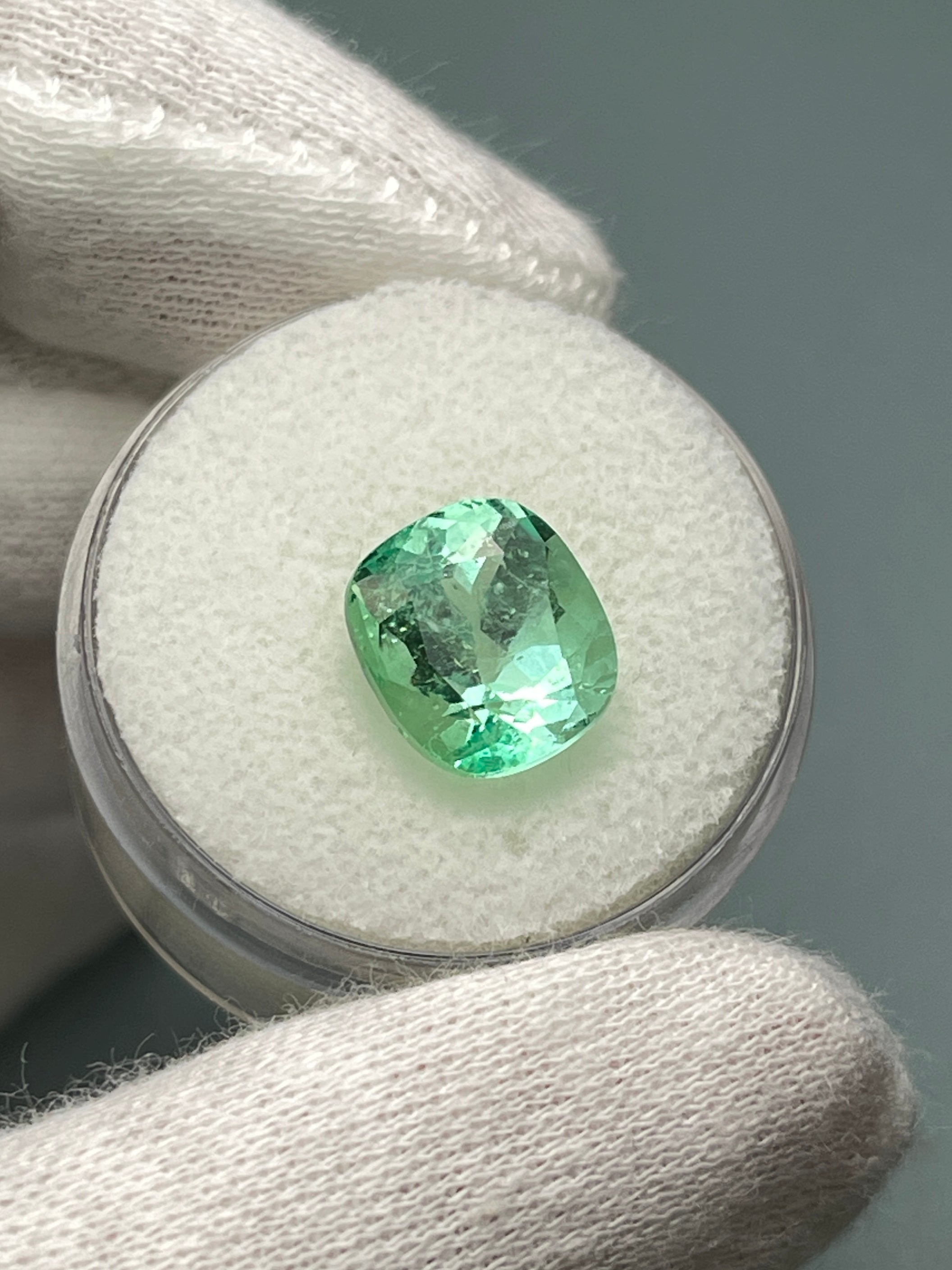 4.13 Carat 10x9 Pastel Yellowish Green Natural Loose Colombian Emerald-Cushion Cut - JR Colombian Emeralds