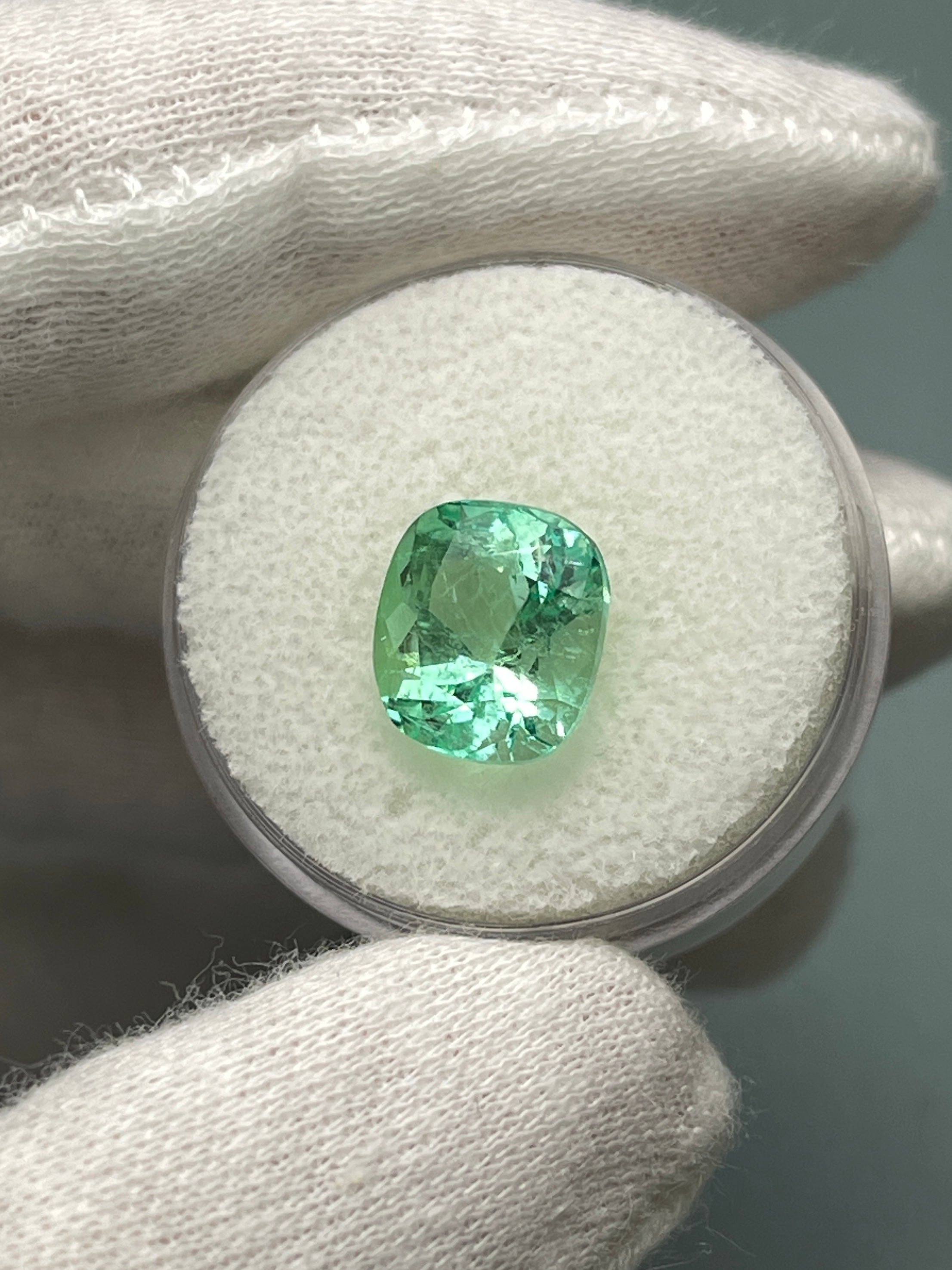 4.13 Carat 10x9 Pastel Yellowish Green Natural Loose Colombian Emerald-Cushion Cut - JR Colombian Emeralds