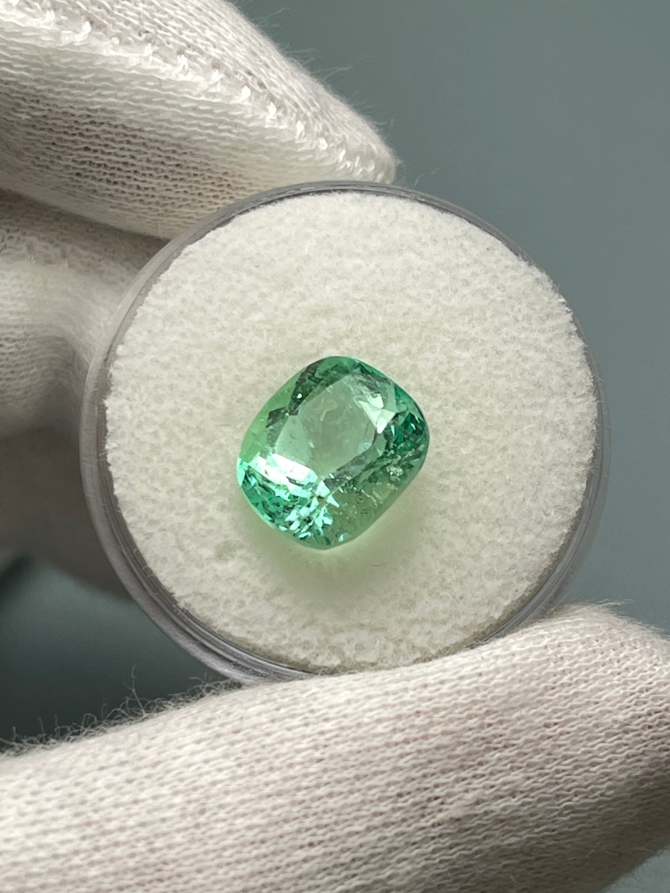 4.13 Carat 10x9 Pastel Yellowish Green Natural Loose Colombian Emerald-Cushion Cut - JR Colombian Emeralds
