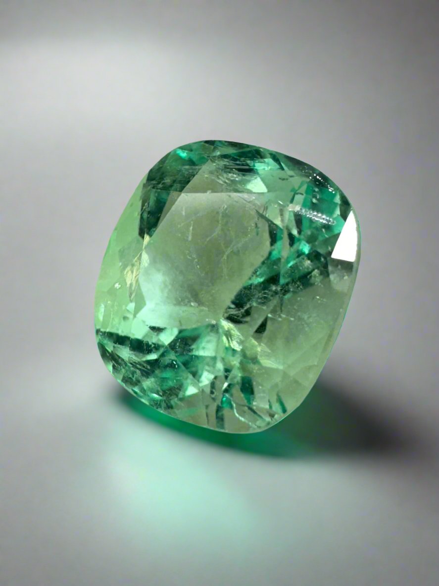4.13 Carat 10x9 Pastel Yellowish Green Natural Loose Colombian Emerald-Cushion Cut - JR Colombian Emeralds
